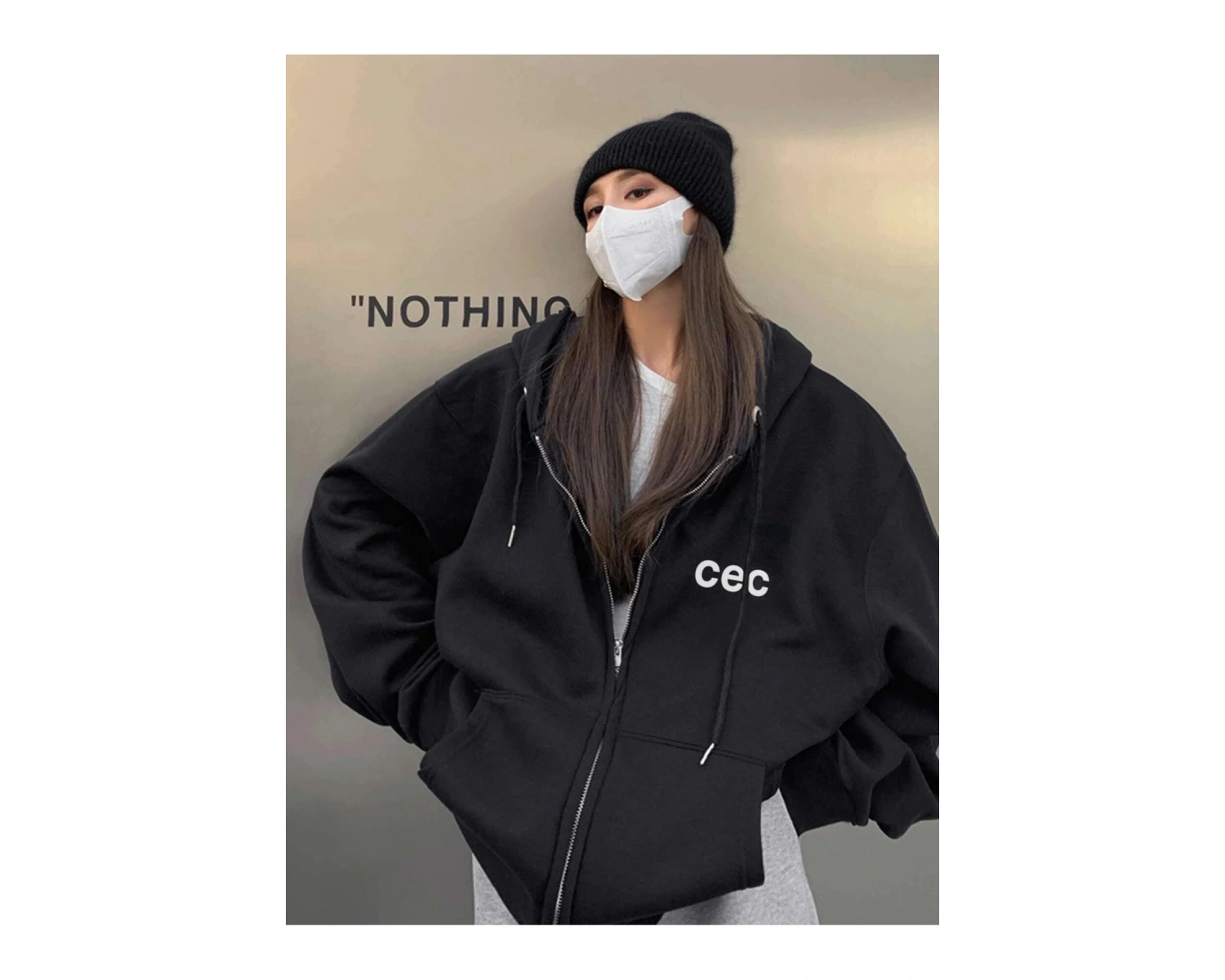 Unisex Siyah CEC Baskılı Oversize Kapüşonlu Hırka