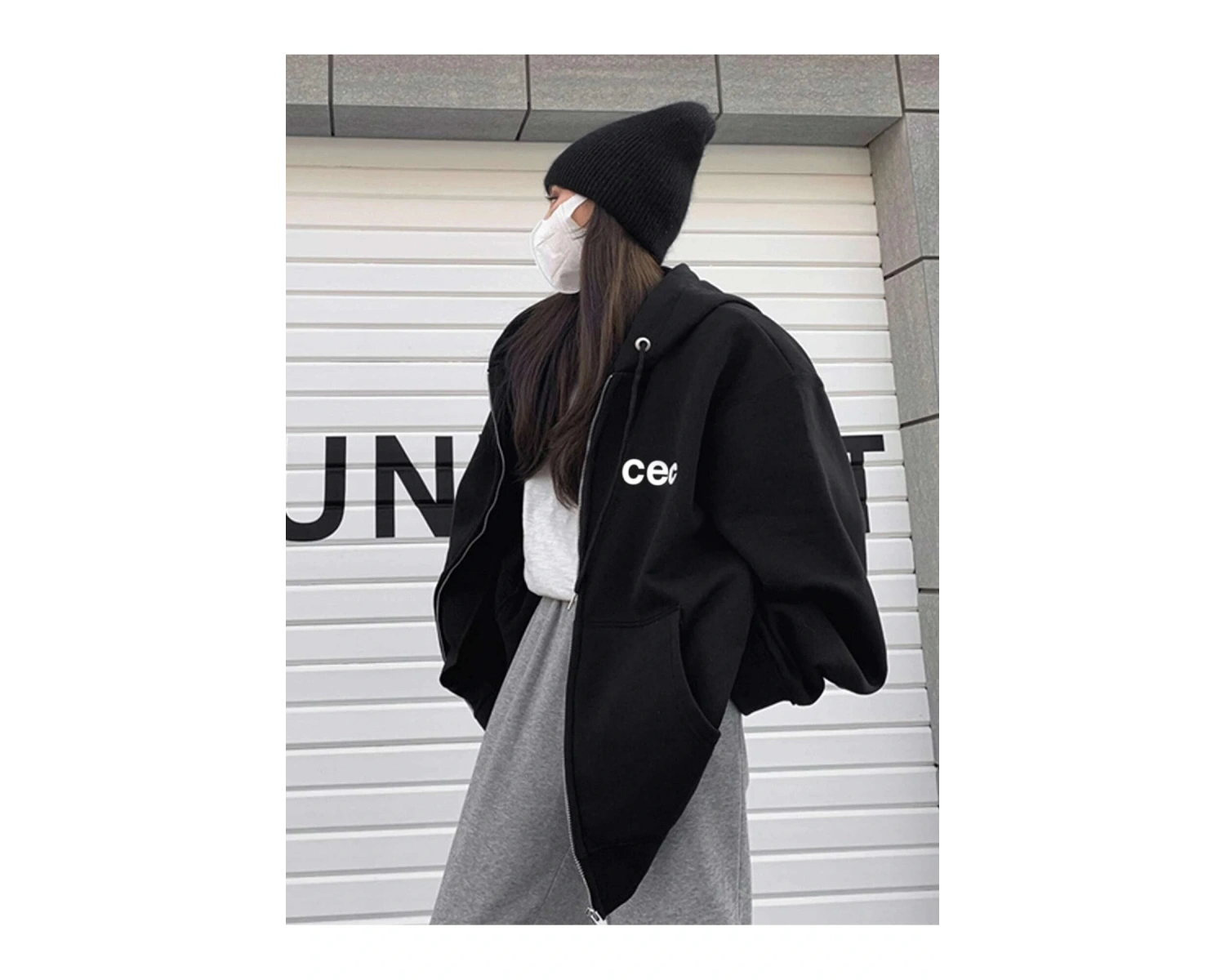 Unisex Siyah CEC Baskılı Oversize Kapüşonlu Hırka