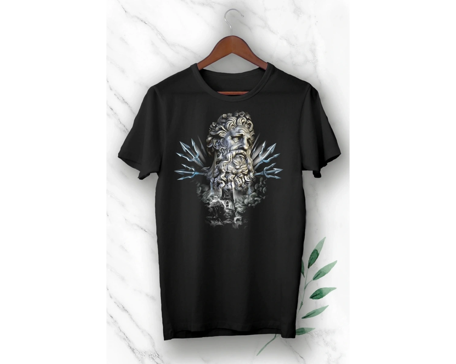 Unısex Siyah Denizler Tanrısı Poseidon Baskılı T Shirt