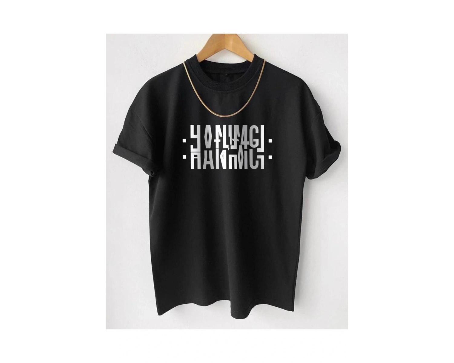 Unisex Siyah Hanımcı Baskılı Katlamalı Bisiklet Yaka Tişört