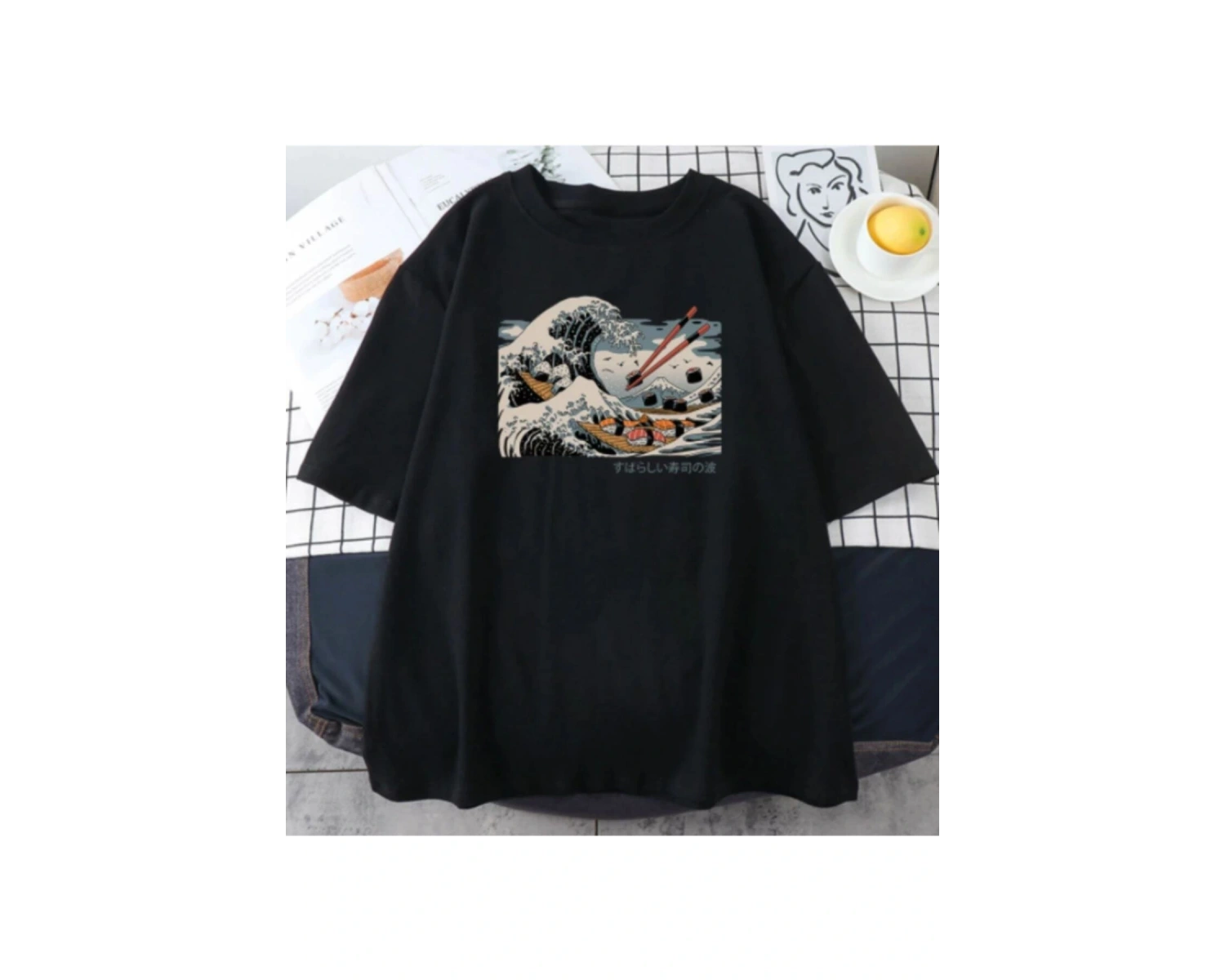 Unisex Siyah Japon Dalga Baskılı Oversize Bisiklet Yaka T-shirt