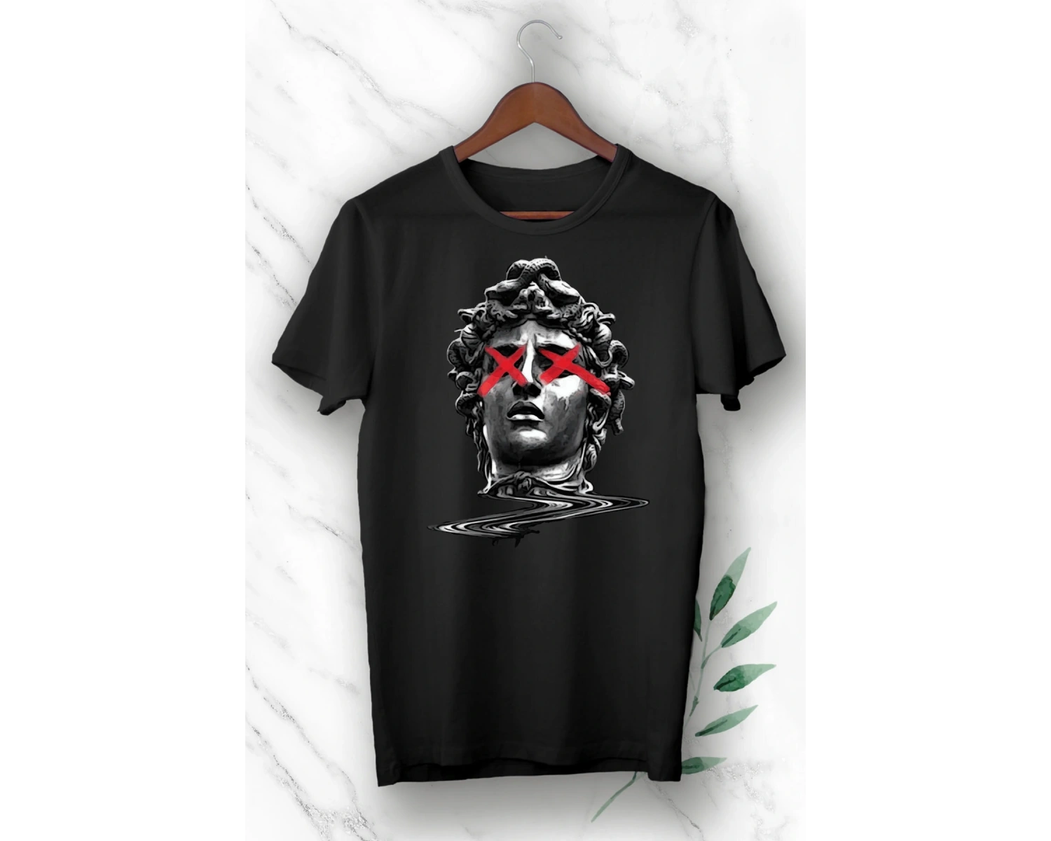 Unisex Siyah Mitoloji Heykel Baskılı T-shirt