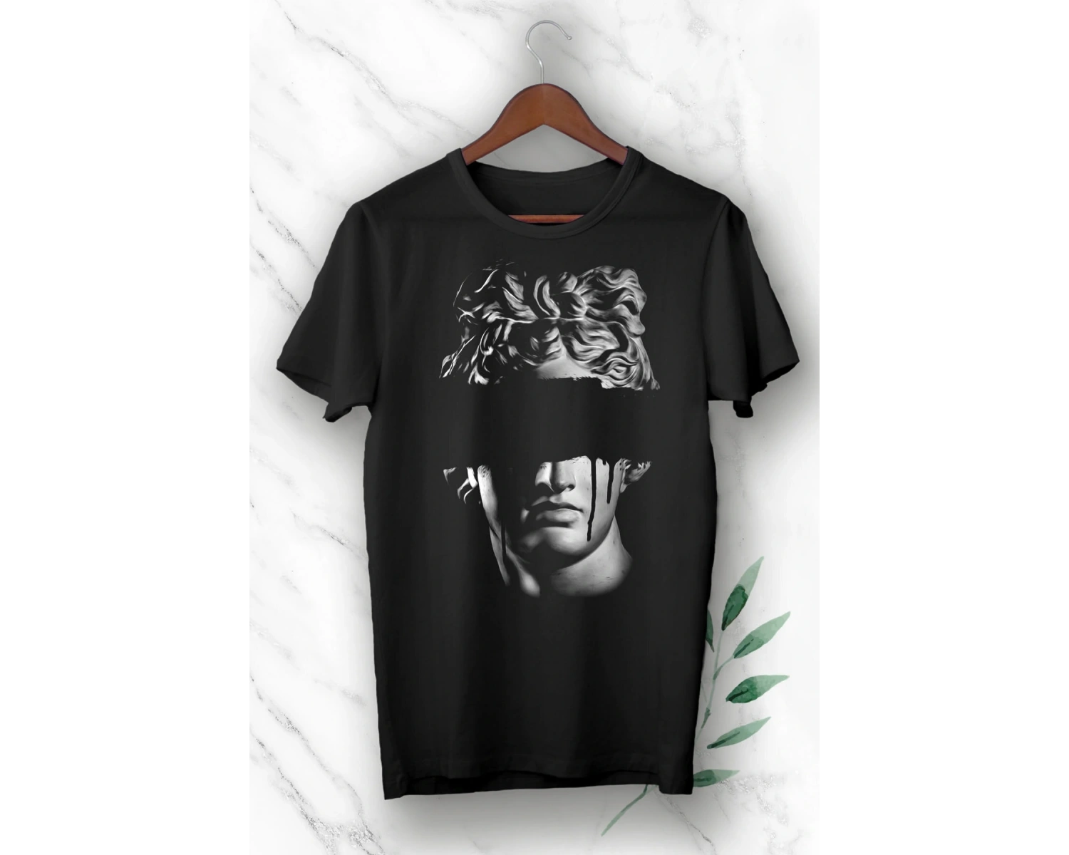 Unısex Siyah Mitoloji Trend Heykel Baskılı Tişört