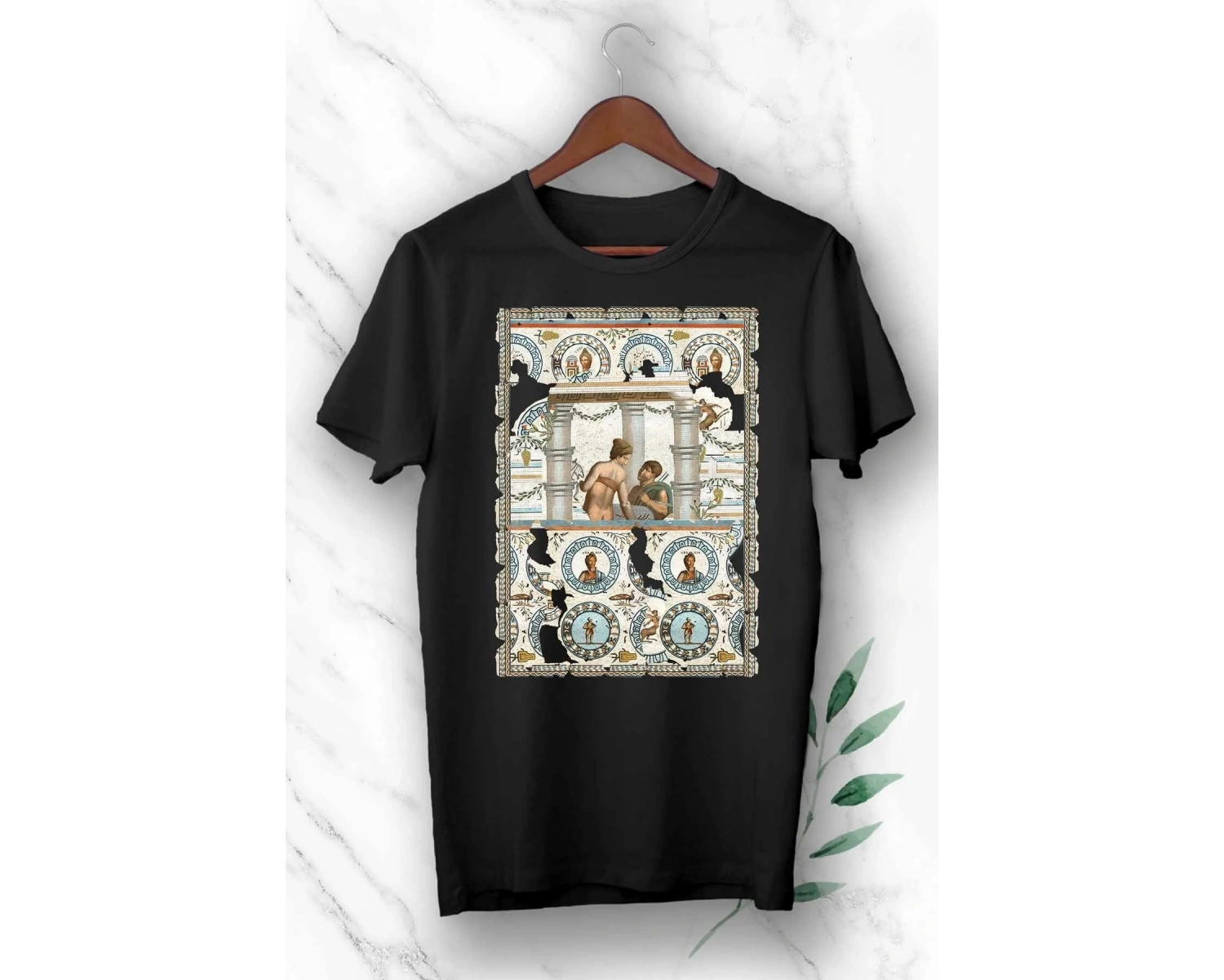 Unisex Siyah Mozaik Baskılı Tişört