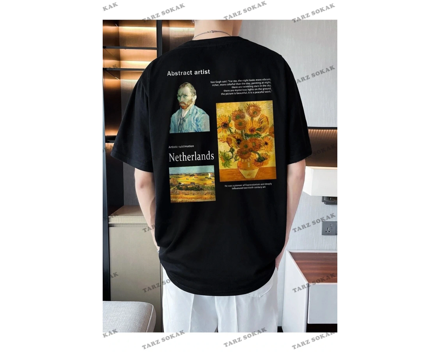 Unisex Siyah Netherlands Baskılı Oversize Bisiklet Yaka Penye