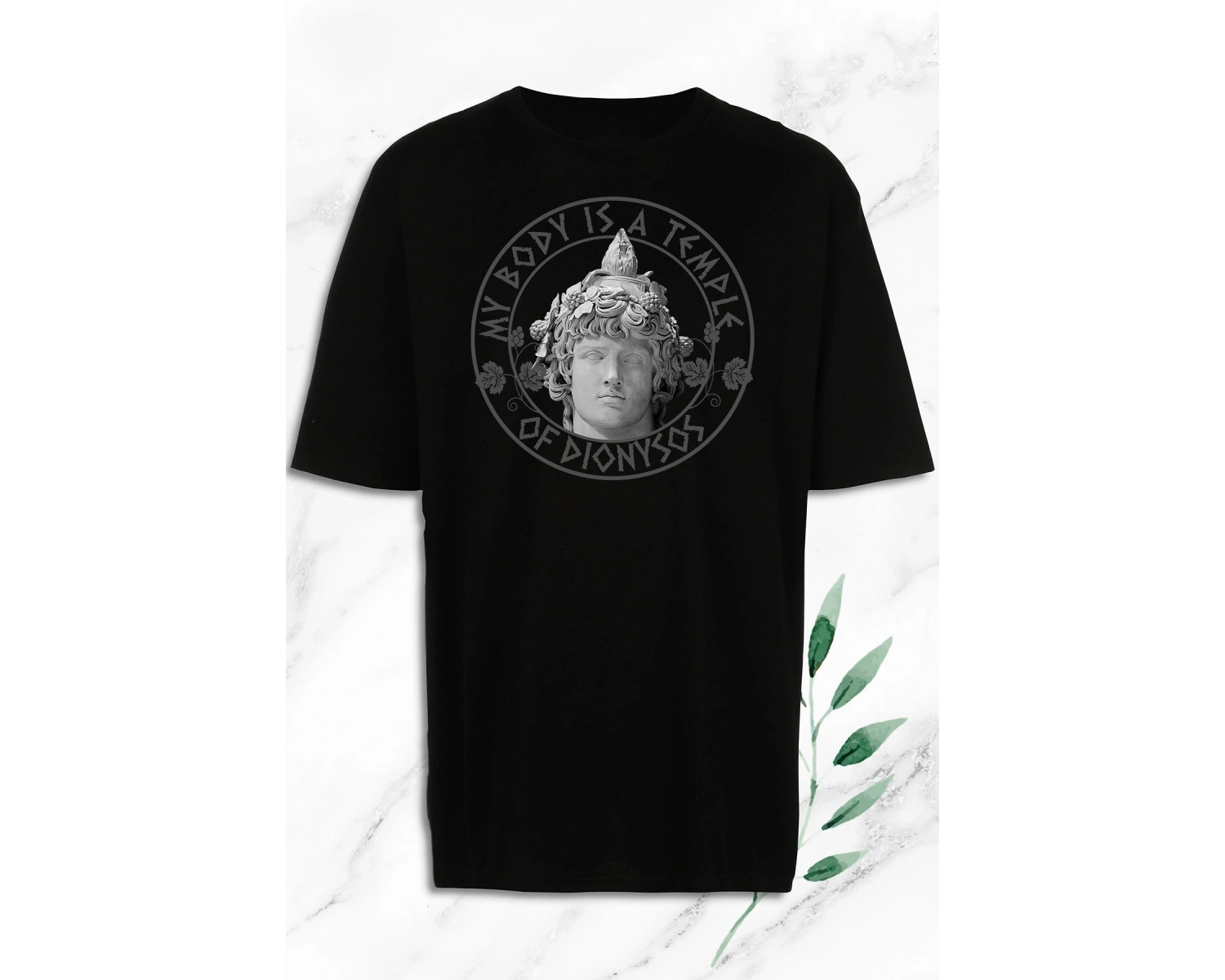 Unisex Siyah Oversize Mitoloji Şarap Tanrısı Dionysos Heykel Baskılı Tişört