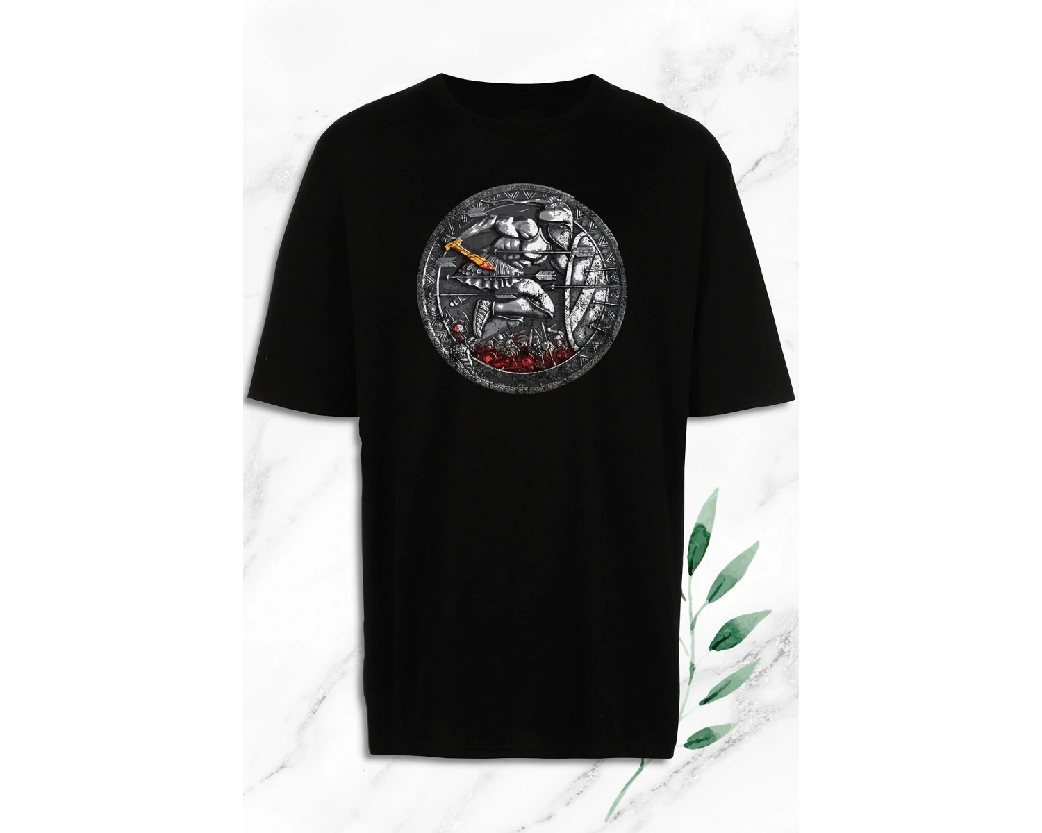 Unisex Siyah Oversize Mitoloji Savaşçı Figürü Baskılı Tişört