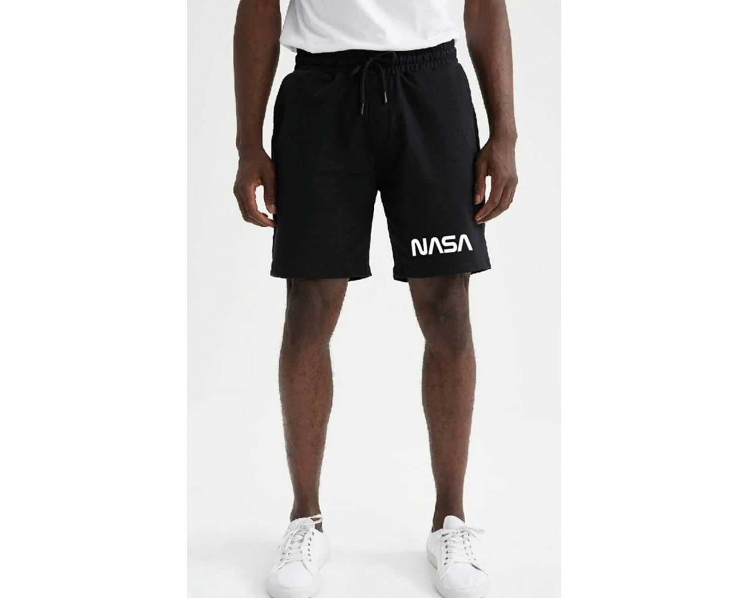 Unisex Siyah Panda Baskılı Cepli Penye Şort