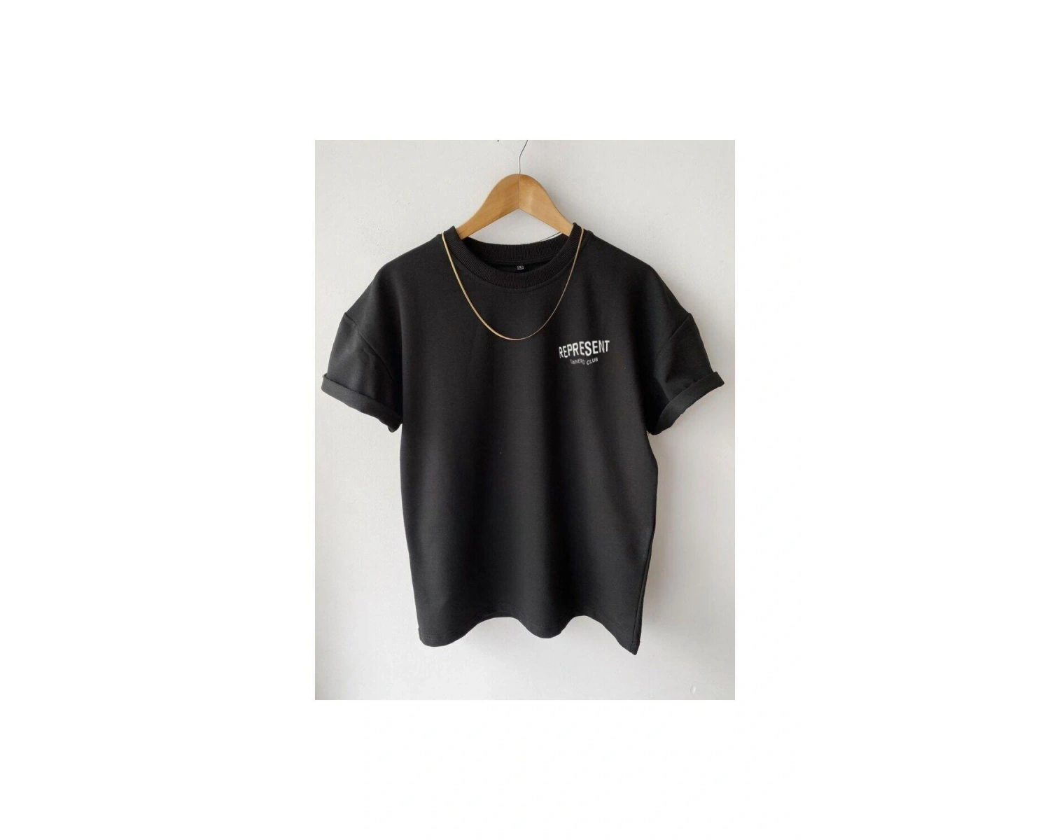 Unisex Siyah Represent Baskılı Oversize Bisiklet Yaka T-shirt