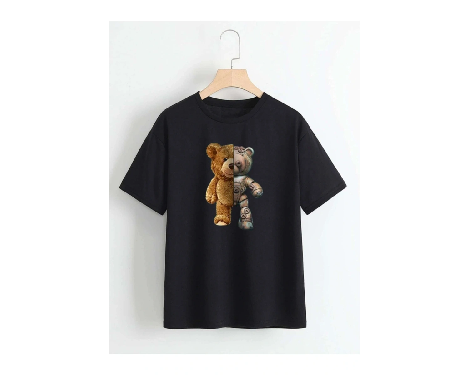 Unisex Siyah Robotik Ayıcık Baskılı Oversize Bisiklet Yaka T-shirt