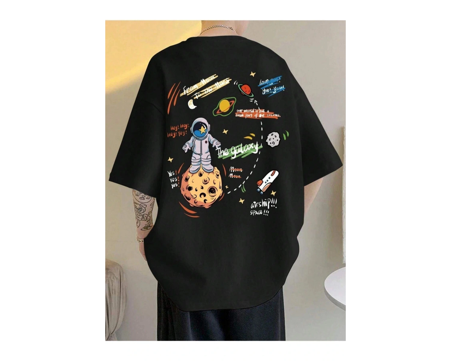 Unisex Siyah The Galaxy Gezegen Baskılı Oversize Bisiklet Yaka Tshirt