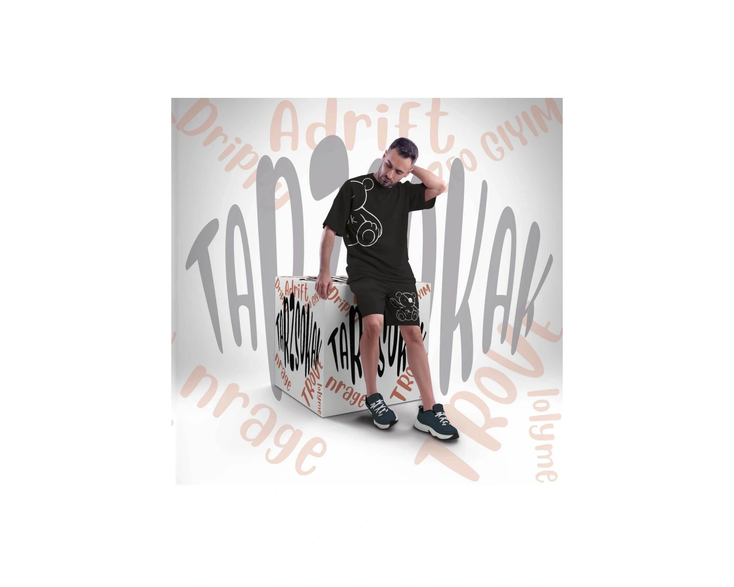 Unisex Şort Takım Bear Letter Graphic Drawstring Waist