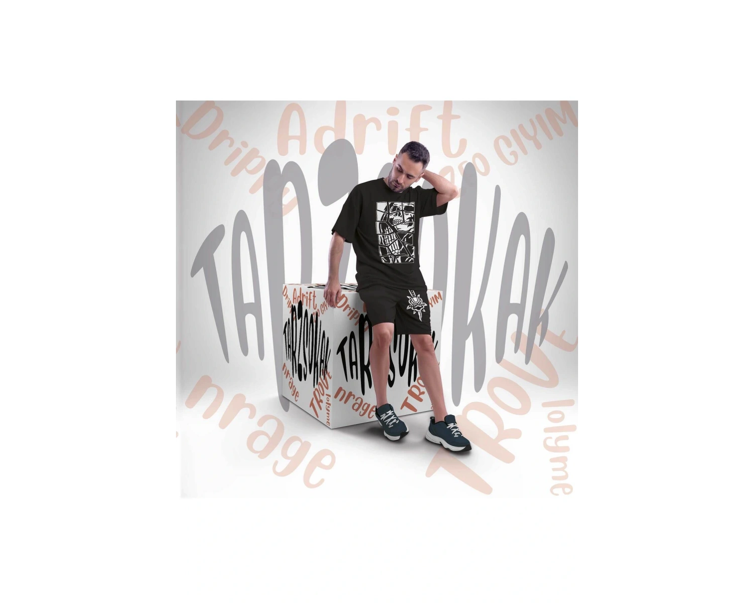 Unisex Şort Takım Dikey Letter Graphic Drawstring Waist