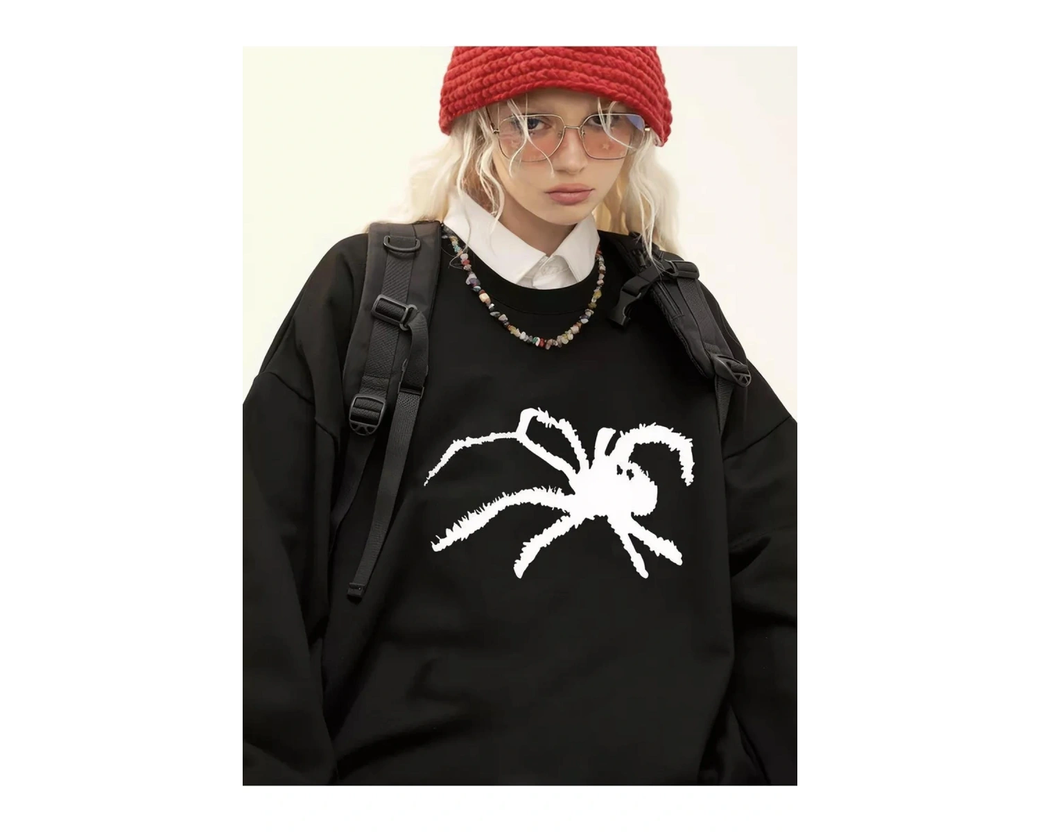 Unisex Spider Bisiklet Yaka Sweatshirt Siyah