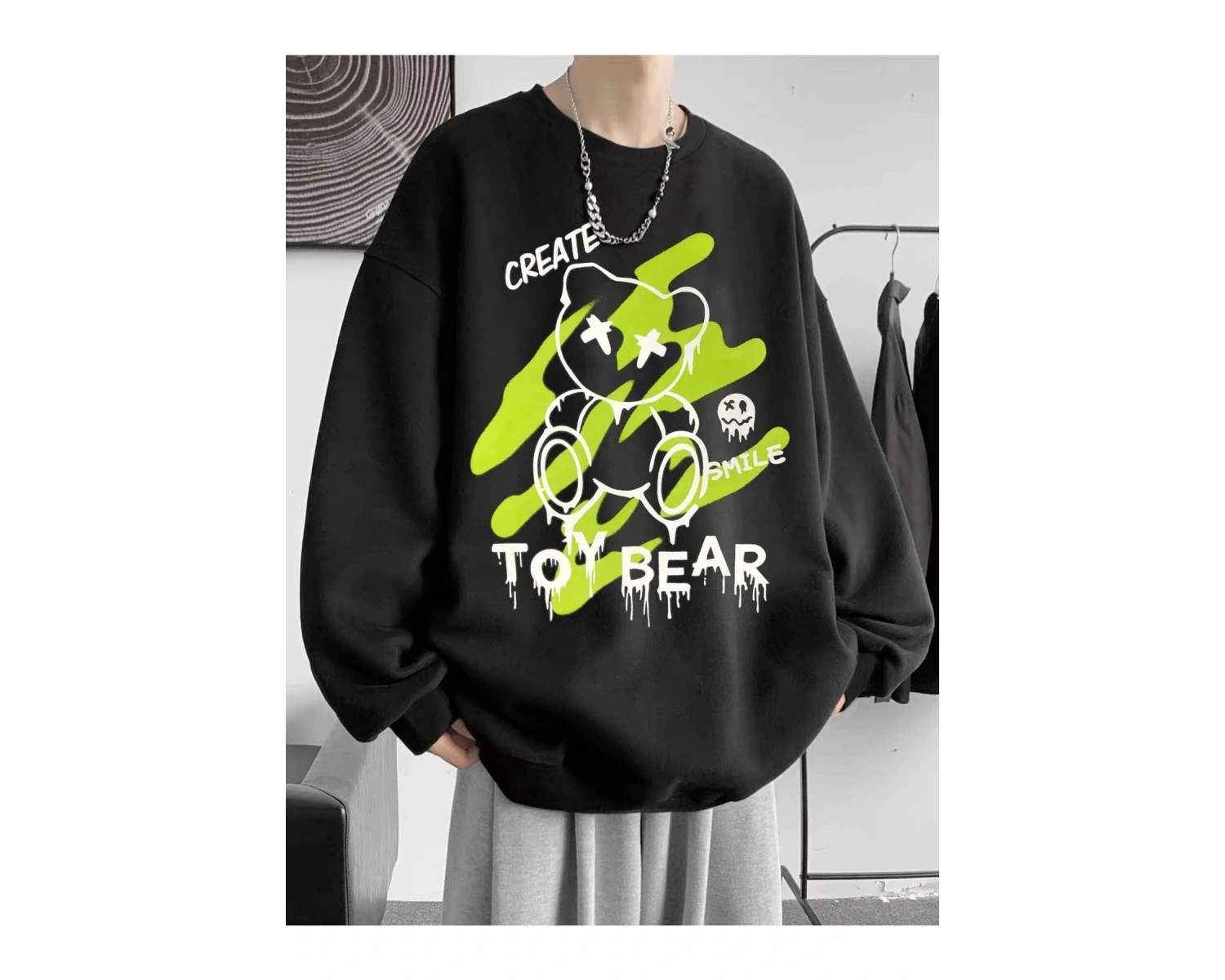 Unisex Toy Bear Baskılı Oversize Bisiklet Yaka Sweatshirt Siyah