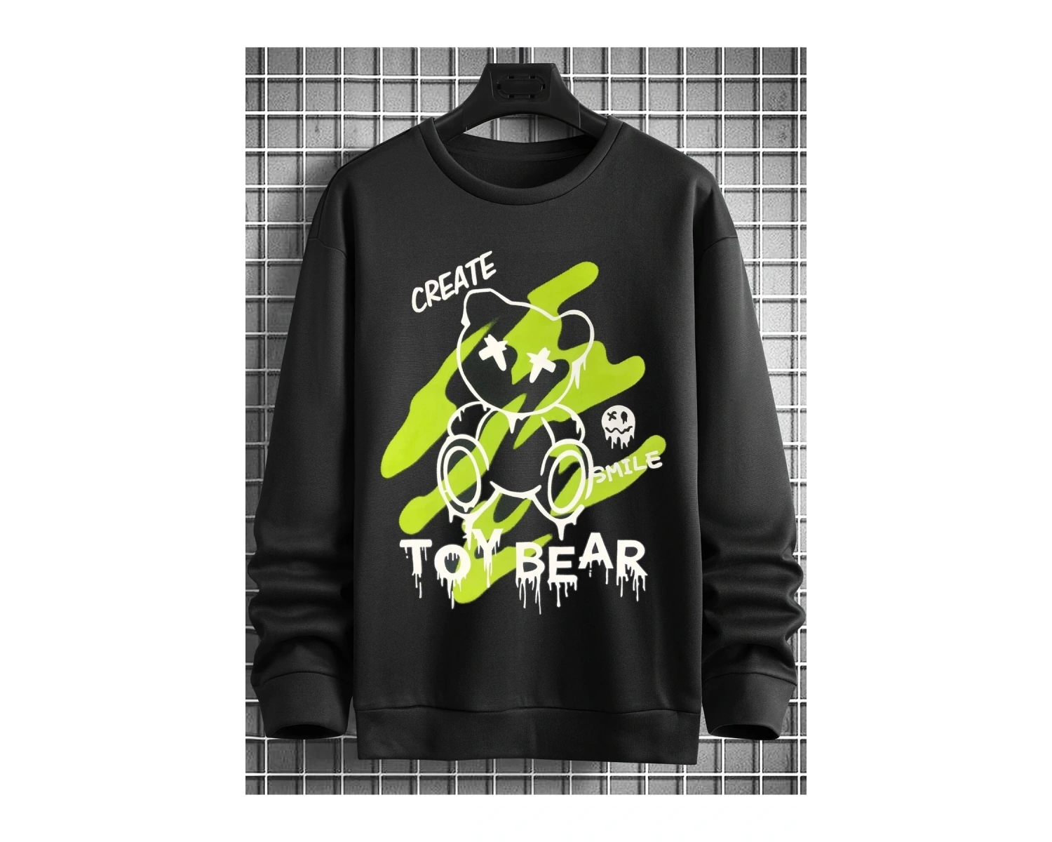 Unisex Toy Bear Baskılı Oversize Bisiklet Yaka Sweatshirt Siyah