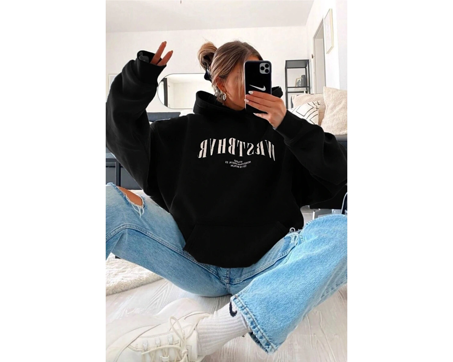 Unisex Wrstbhr Baskılı Oversize Kapüşonlu Sweatshirt Siyah