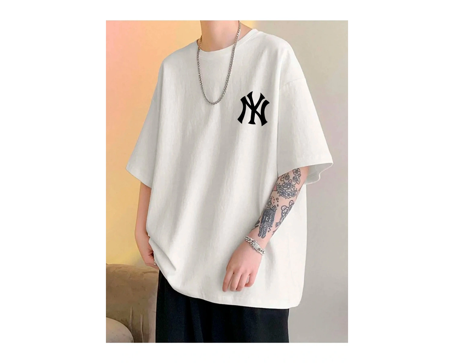 Unisex Yankees Özel Baskılı Oversize Penye Bisiklet Yaka T-Shirt