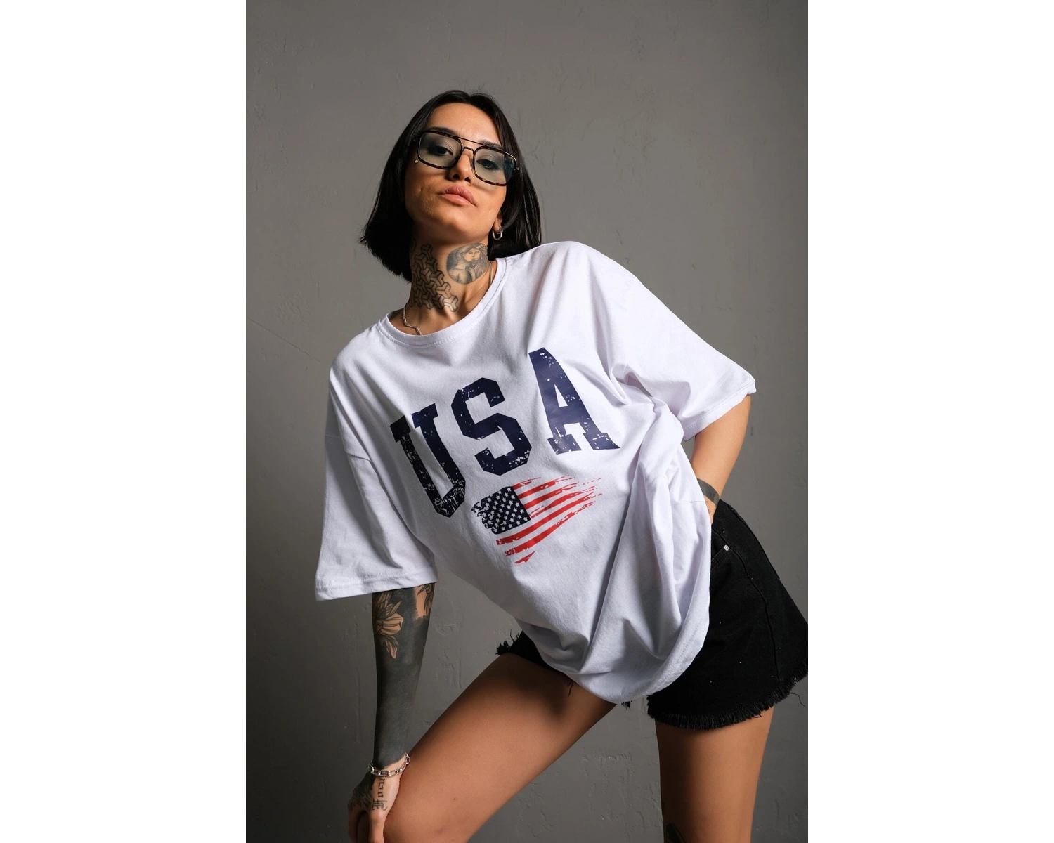 Usa Flag Baskılı Beyaz Oversize Tişört