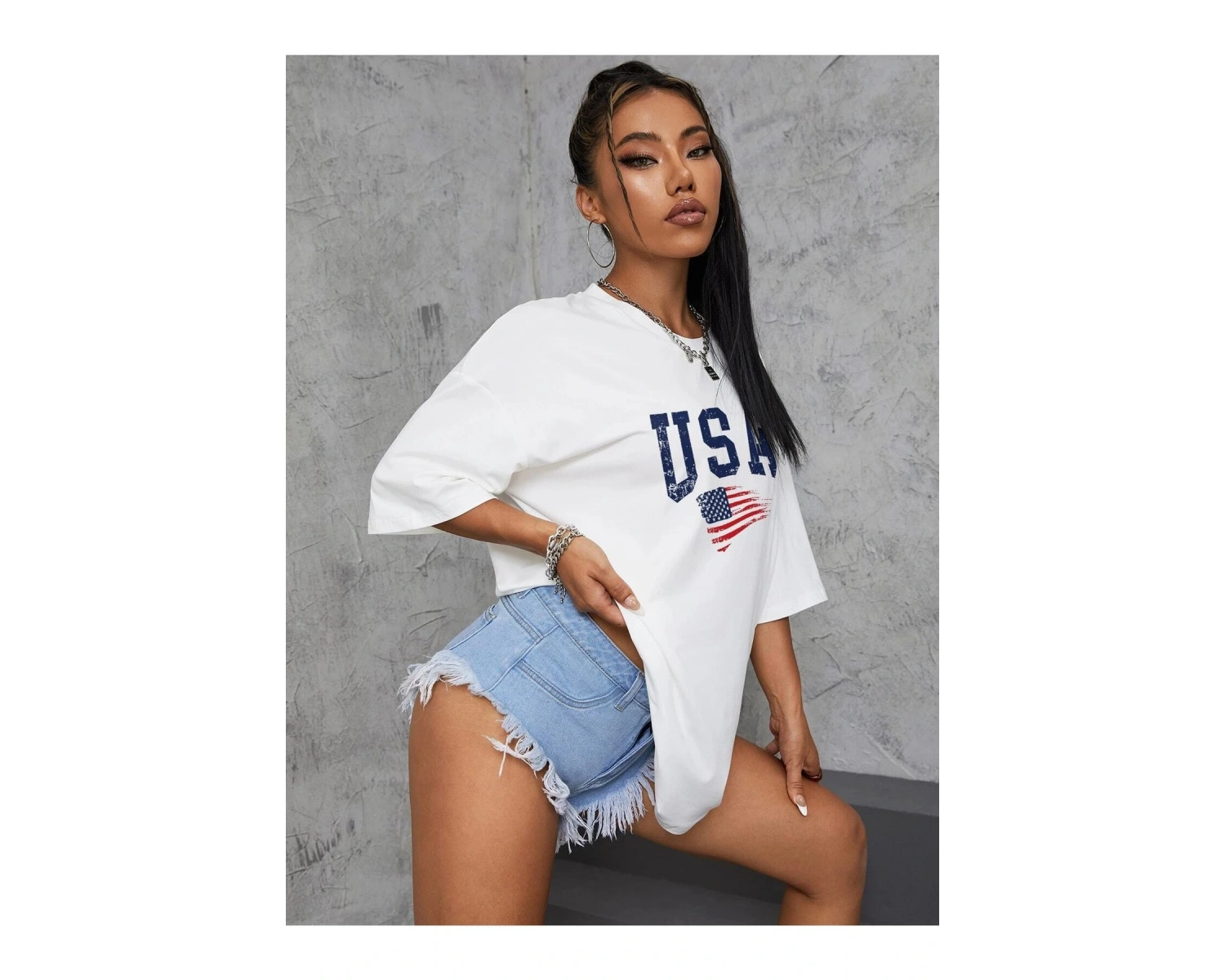 Usa Flag Baskılı Beyaz Oversize Tişört