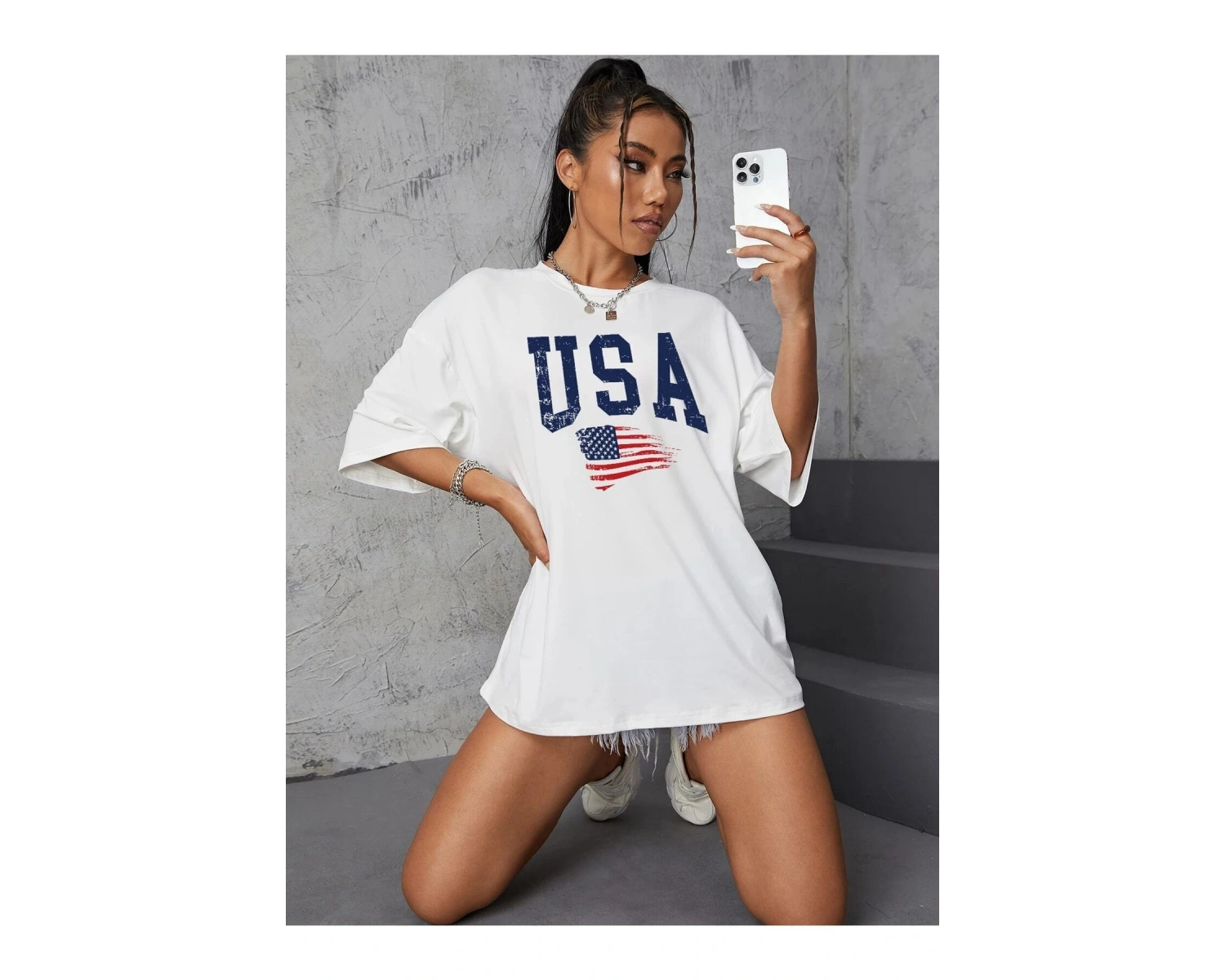 Usa Flag Baskılı Beyaz Oversize Tişört