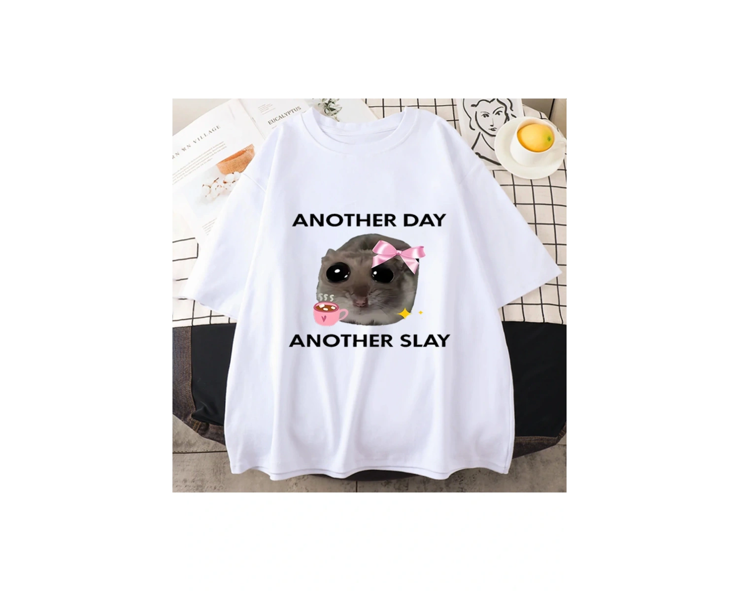 Üzgün Hamster başka bir gün Slay komik grafict-pamuk Kawaii Tshirt erkekler kadın bask