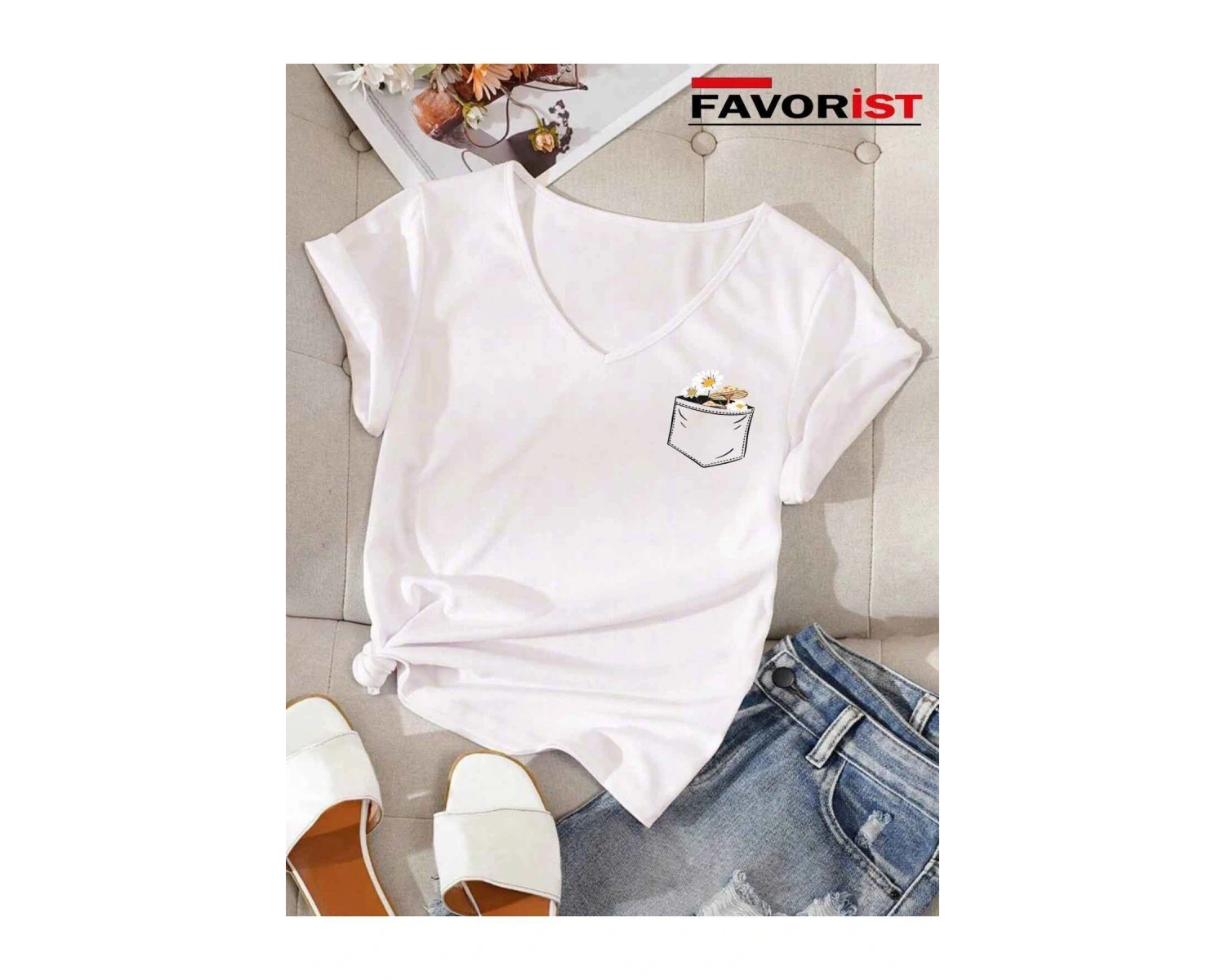 V Yaka Basic Çiçek Baskılı Pamuklu Tshirt (normal