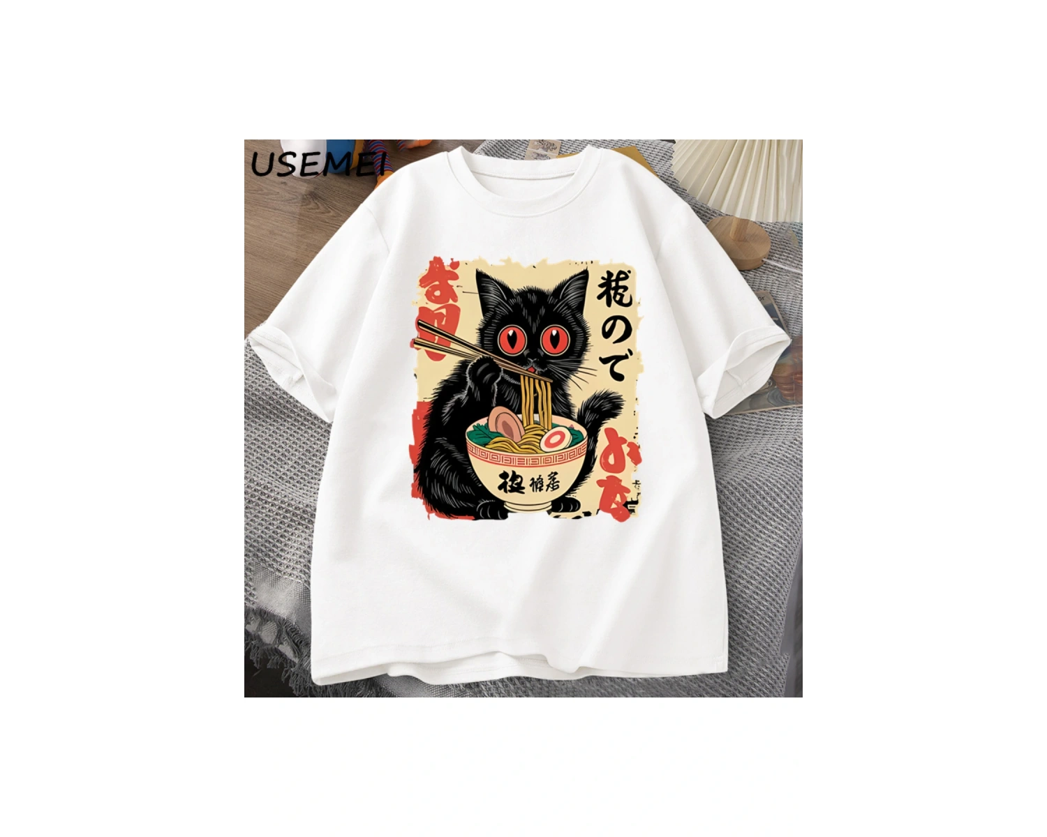 Vintage Japon Siyah Kedi Ramen T Shirt Sevimli Grafik Tee Komik Kedi Yeme Ramen T-Shirt Baskı 2828