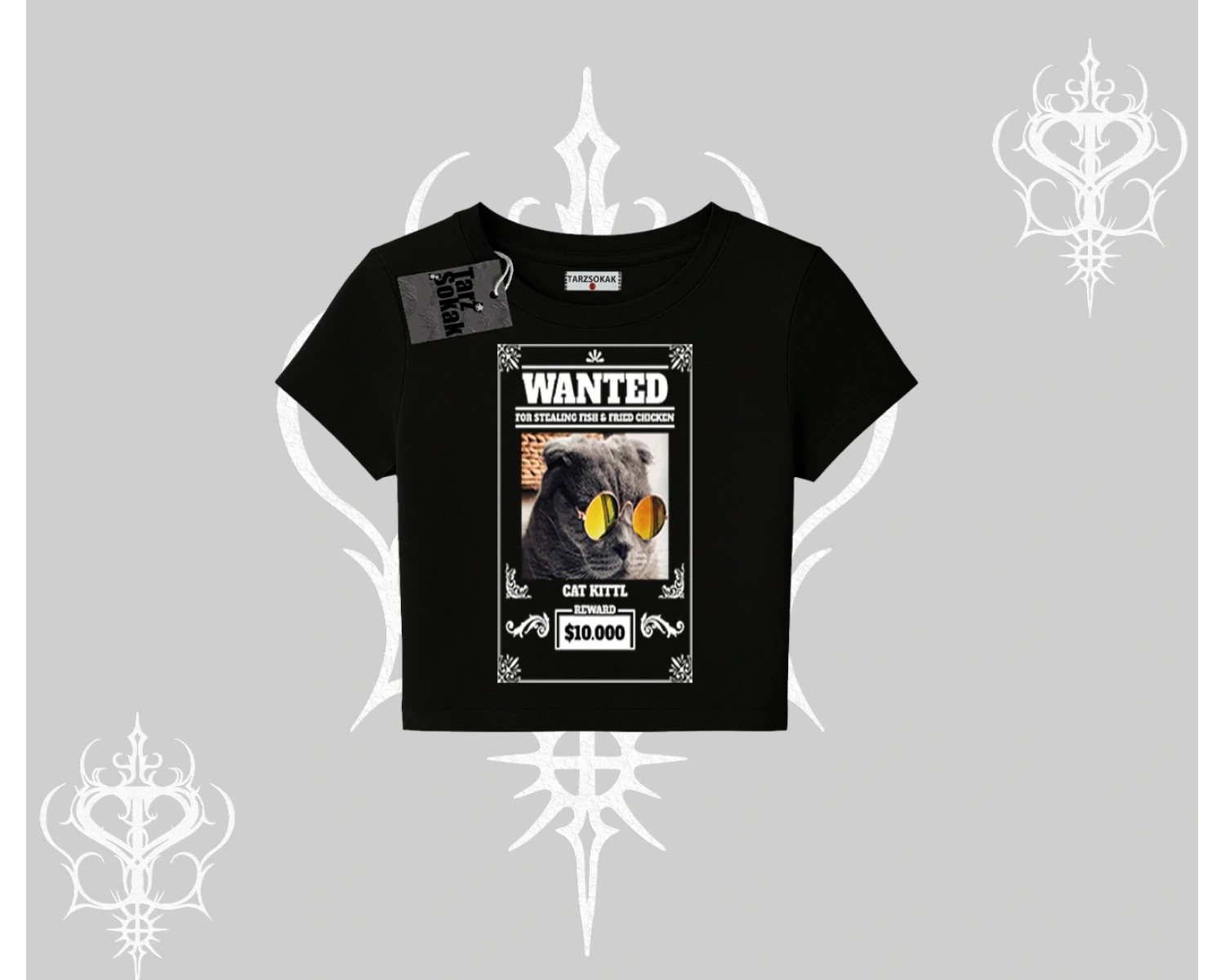 Wanted Temalı Kedi Baskılı Babby Tee Tshirt