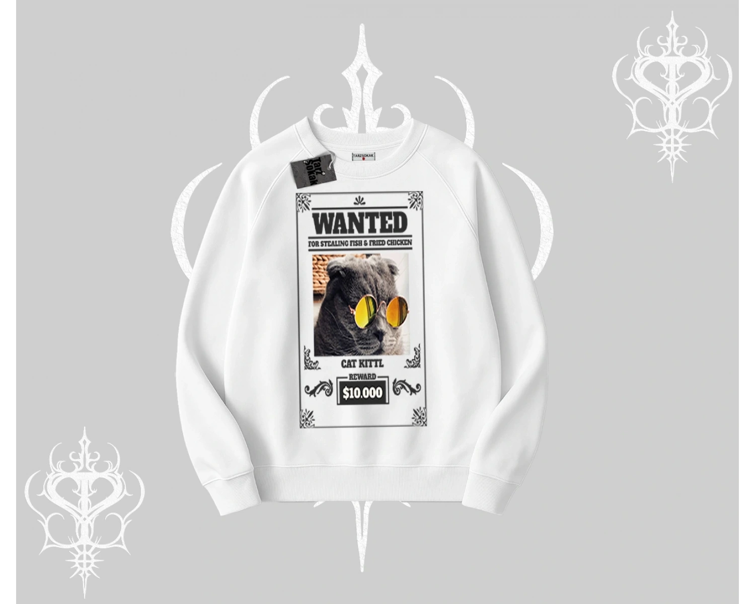 Wanted Temalı Kedi Baskılı Biskilet Sweatshirt