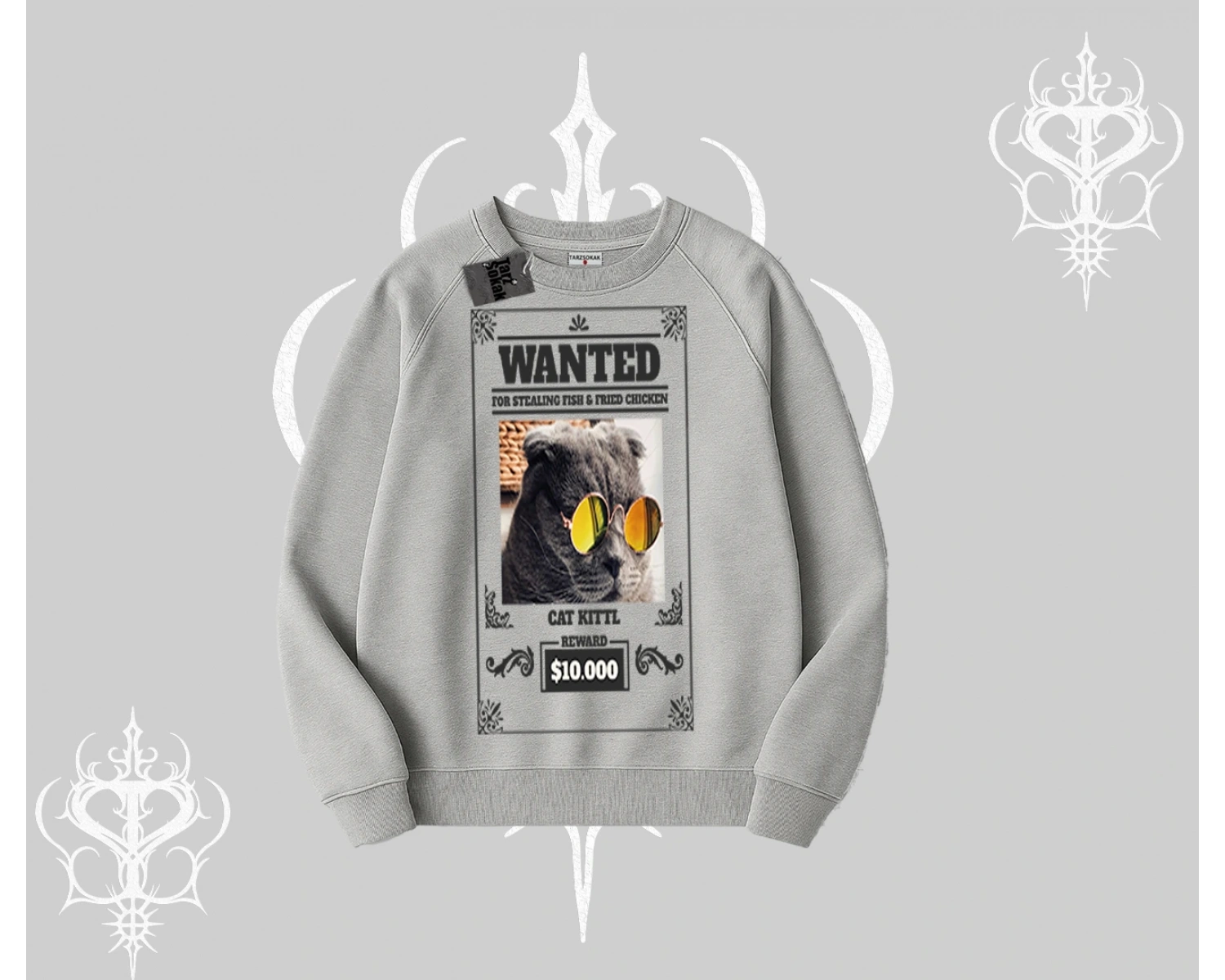 Wanted Temalı Kedi Baskılı Biskilet Sweatshirt