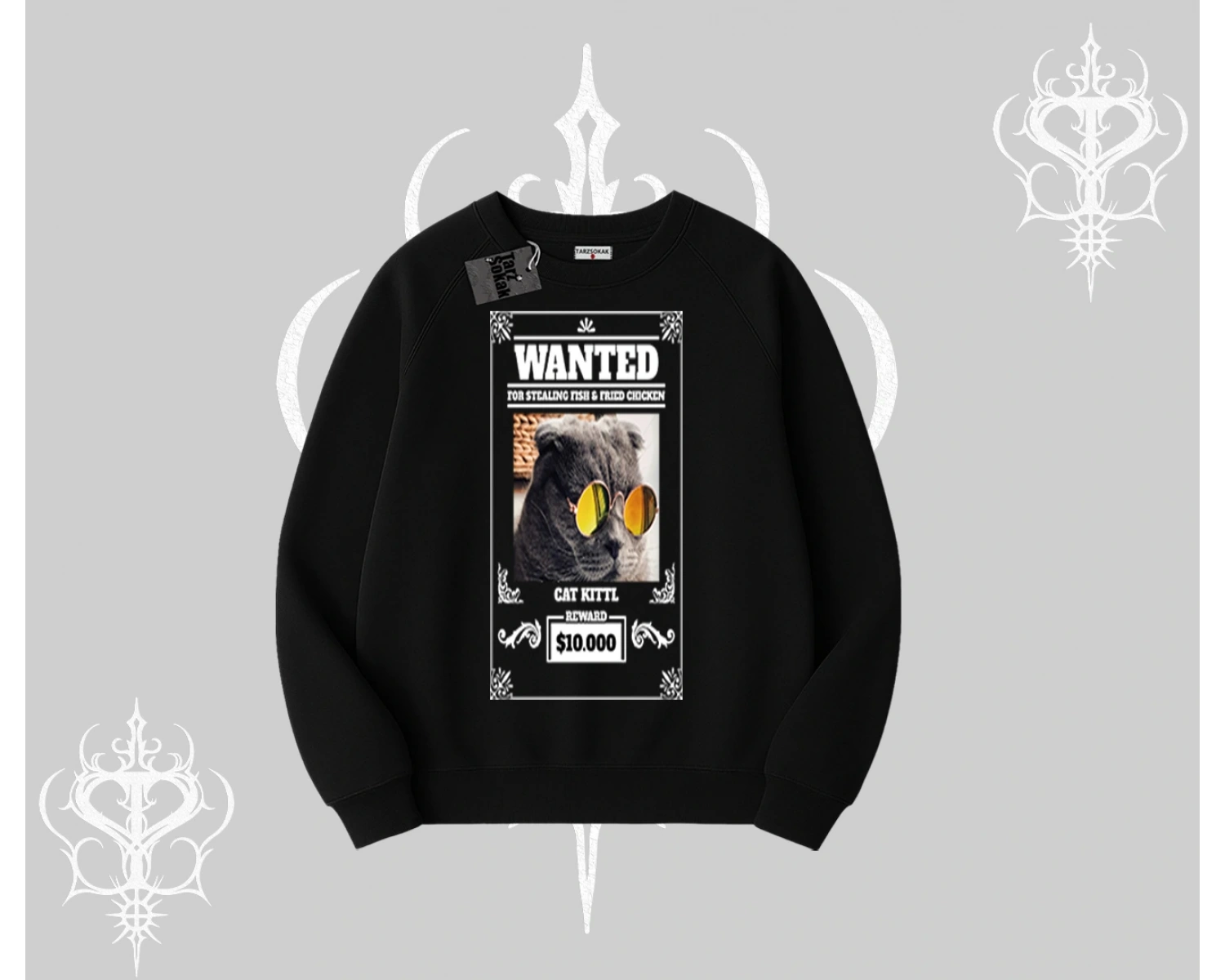 Wanted Temalı Kedi Baskılı Biskilet Sweatshirt