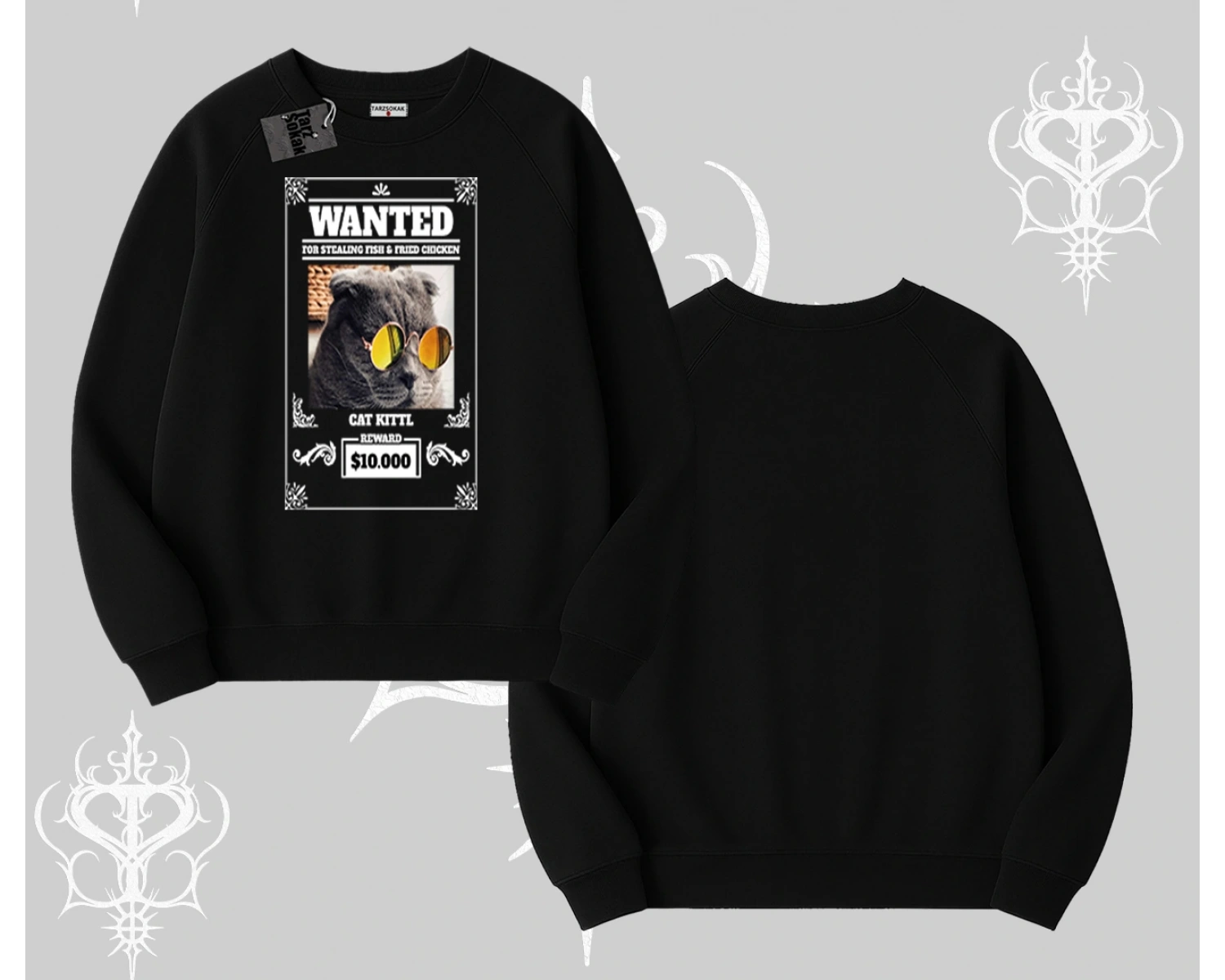 Wanted Temalı Kedi Baskılı Biskilet Sweatshirt