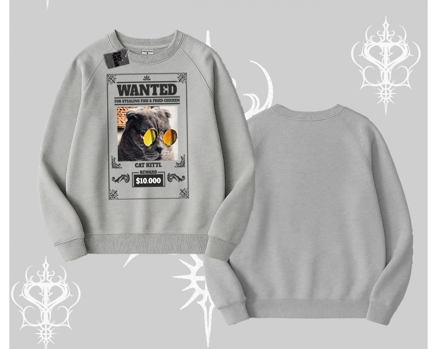Wanted Temalı Kedi Baskılı Biskilet Sweatshirt