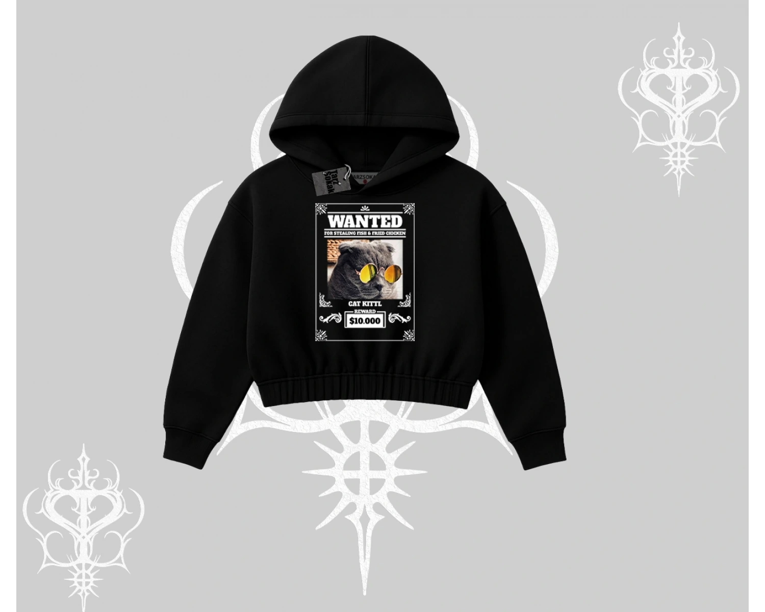 Wanted Temalı Kedi Baskılı Kapşonlu Crop Sweatshirt