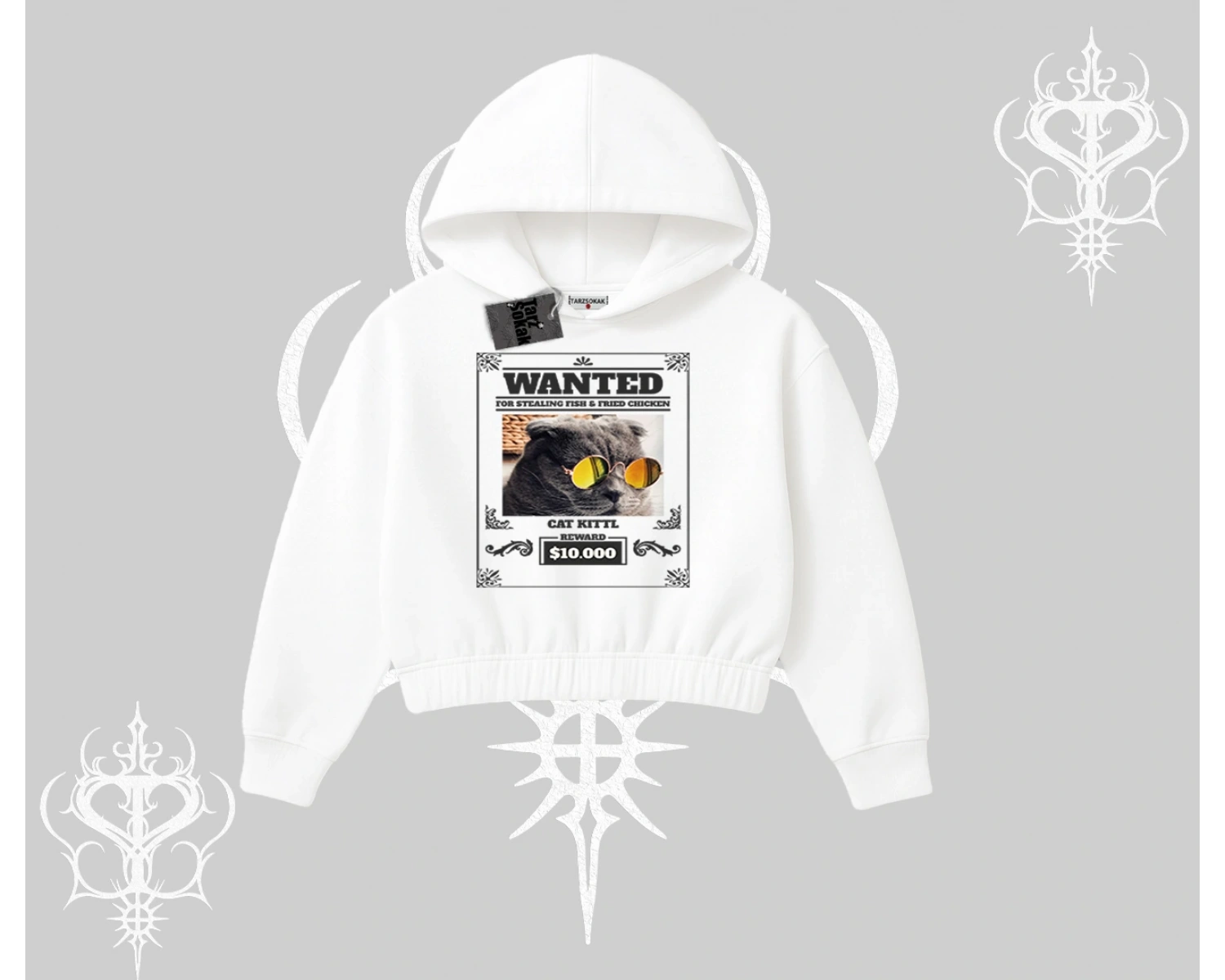 Wanted Temalı Kedi Baskılı Kapşonlu Crop Sweatshirt