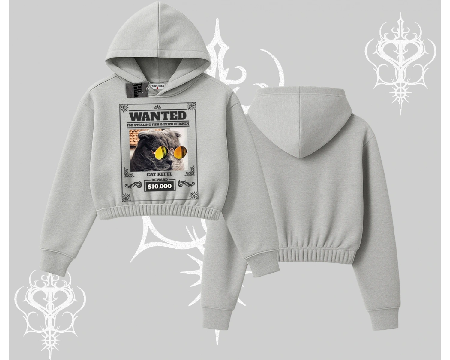 Wanted Temalı Kedi Baskılı Kapşonlu Crop Sweatshirt