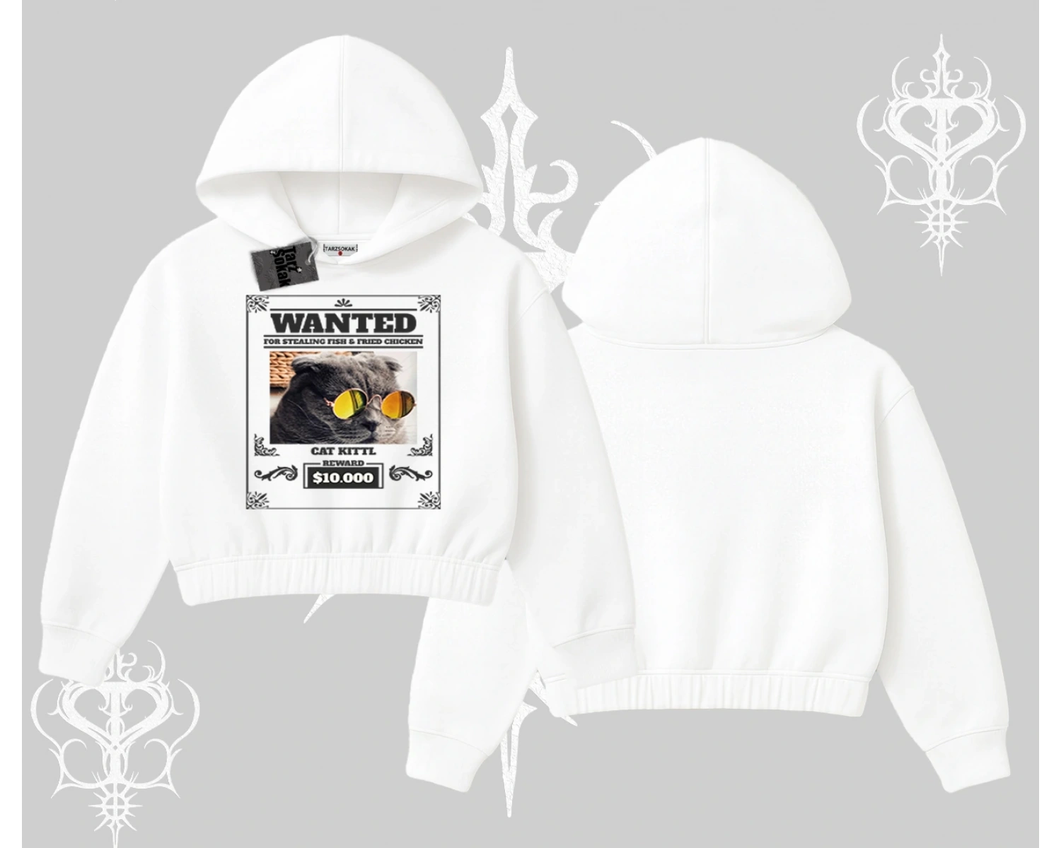 Wanted Temalı Kedi Baskılı Kapşonlu Crop Sweatshirt