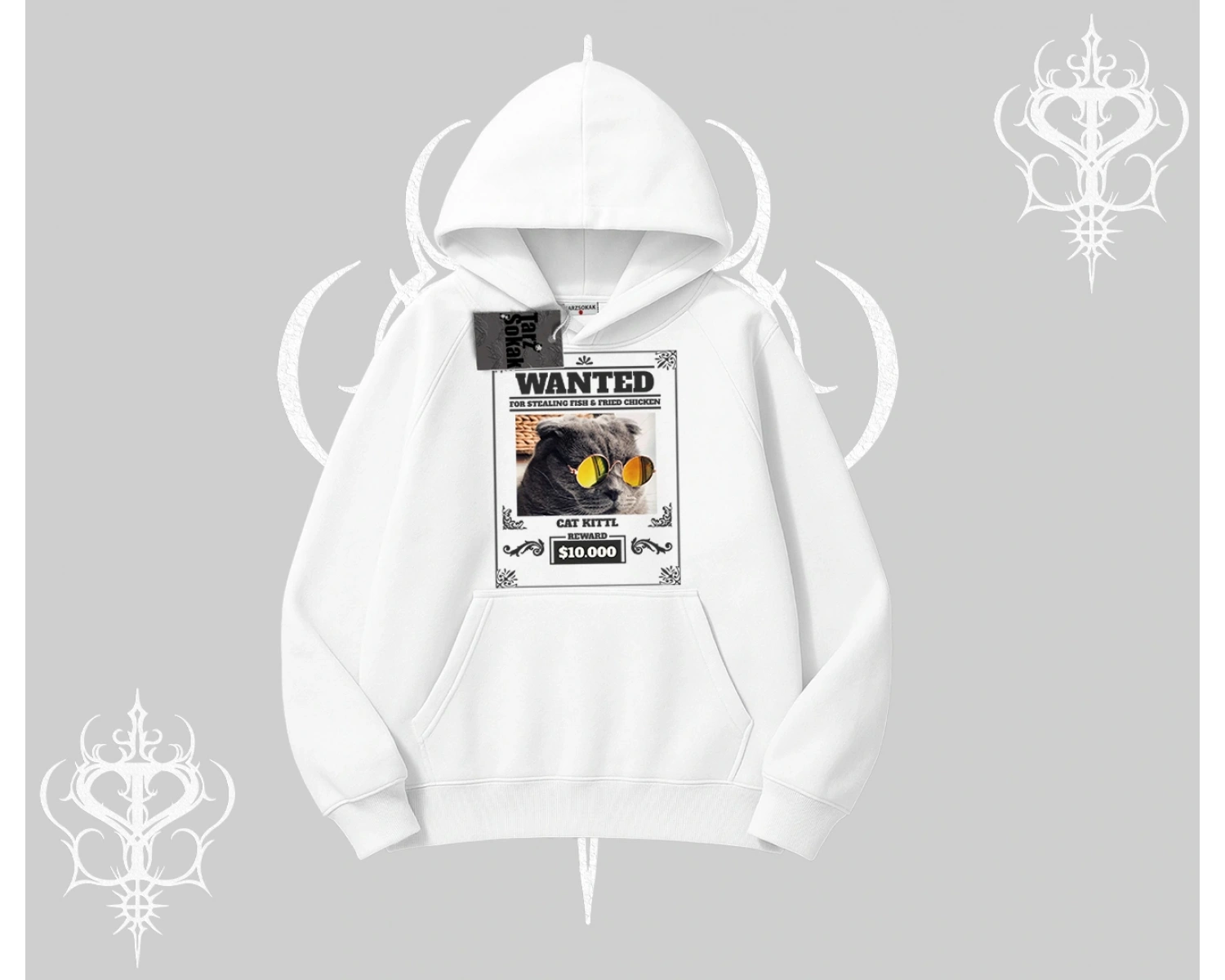 Wanted Temalı Kedi Baskılı Kapşonlu Sweatshirt