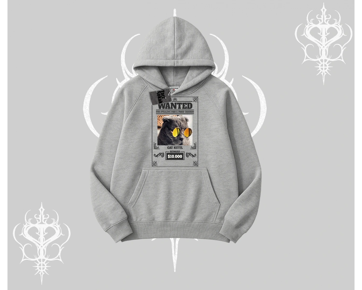 Wanted Temalı Kedi Baskılı Kapşonlu Sweatshirt