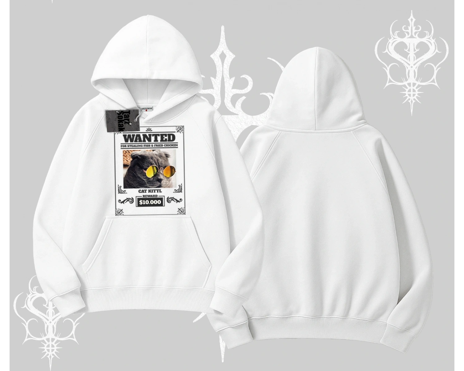 Wanted Temalı Kedi Baskılı Kapşonlu Sweatshirt