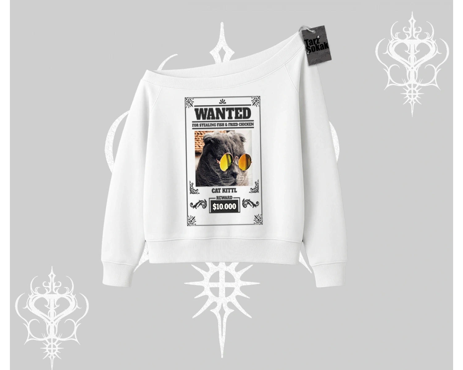 Wanted Temalı Kedi Baskılı Kayık Yaka Sweatshirt