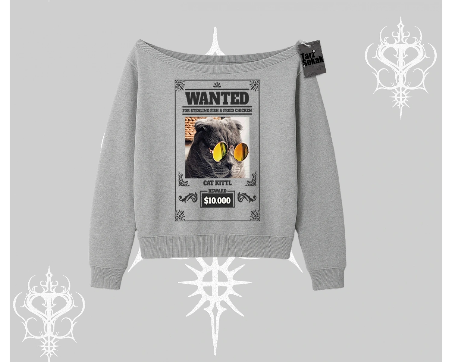 Wanted Temalı Kedi Baskılı Kayık Yaka Sweatshirt