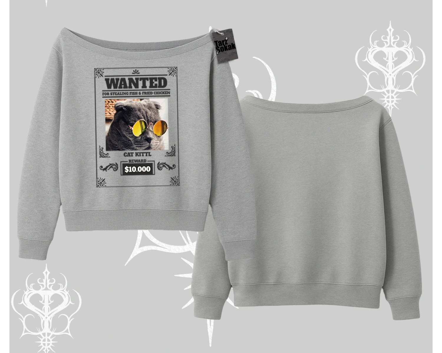 Wanted Temalı Kedi Baskılı Kayık Yaka Sweatshirt