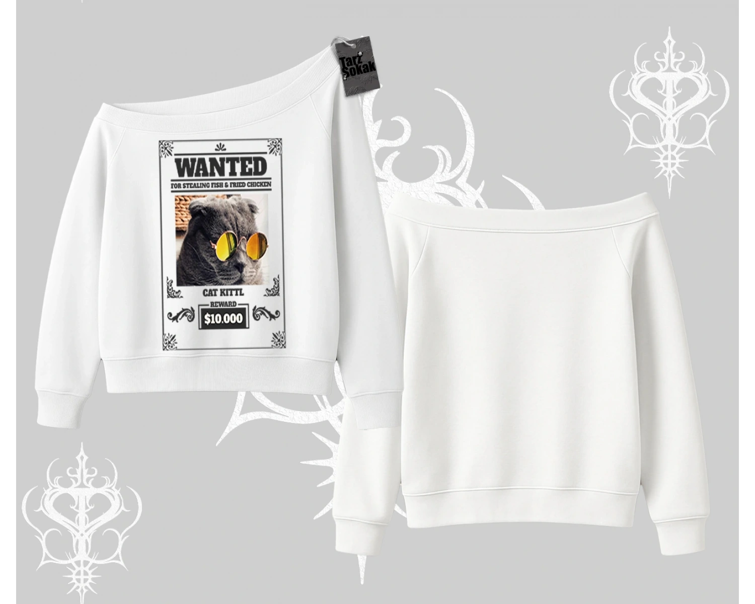 Wanted Temalı Kedi Baskılı Kayık Yaka Sweatshirt