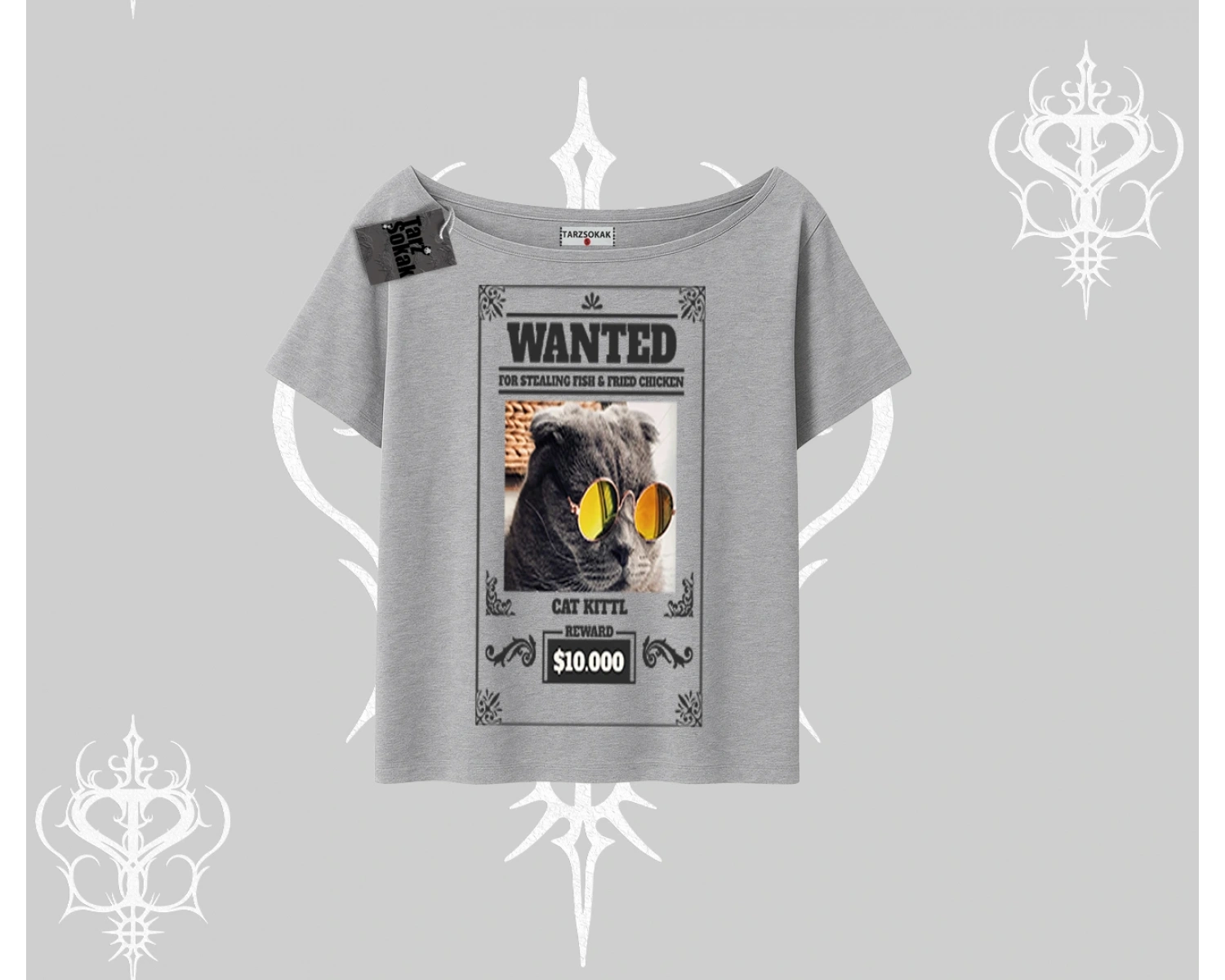 Wanted Temalı Kedi Baskılı Kayık Yaka Tshirt