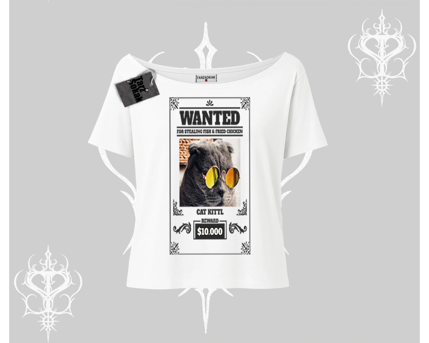 Wanted Temalı Kedi Baskılı Kayık Yaka Tshirt