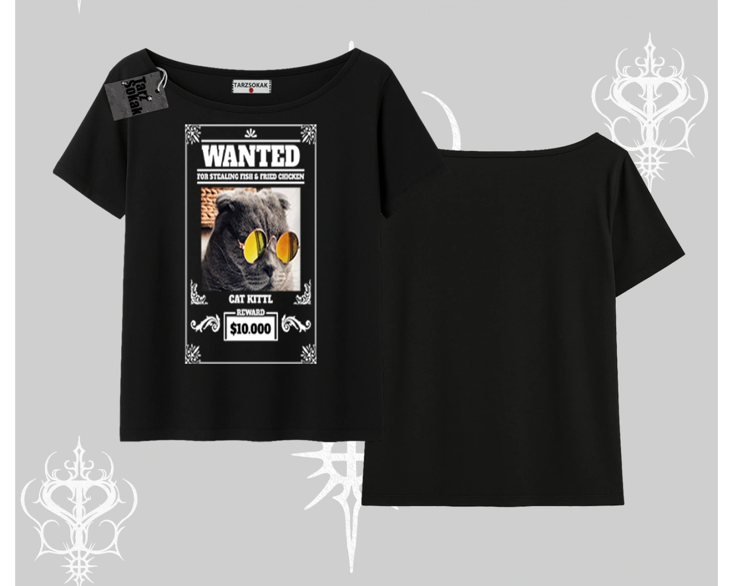 Wanted Temalı Kedi Baskılı Kayık Yaka Tshirt