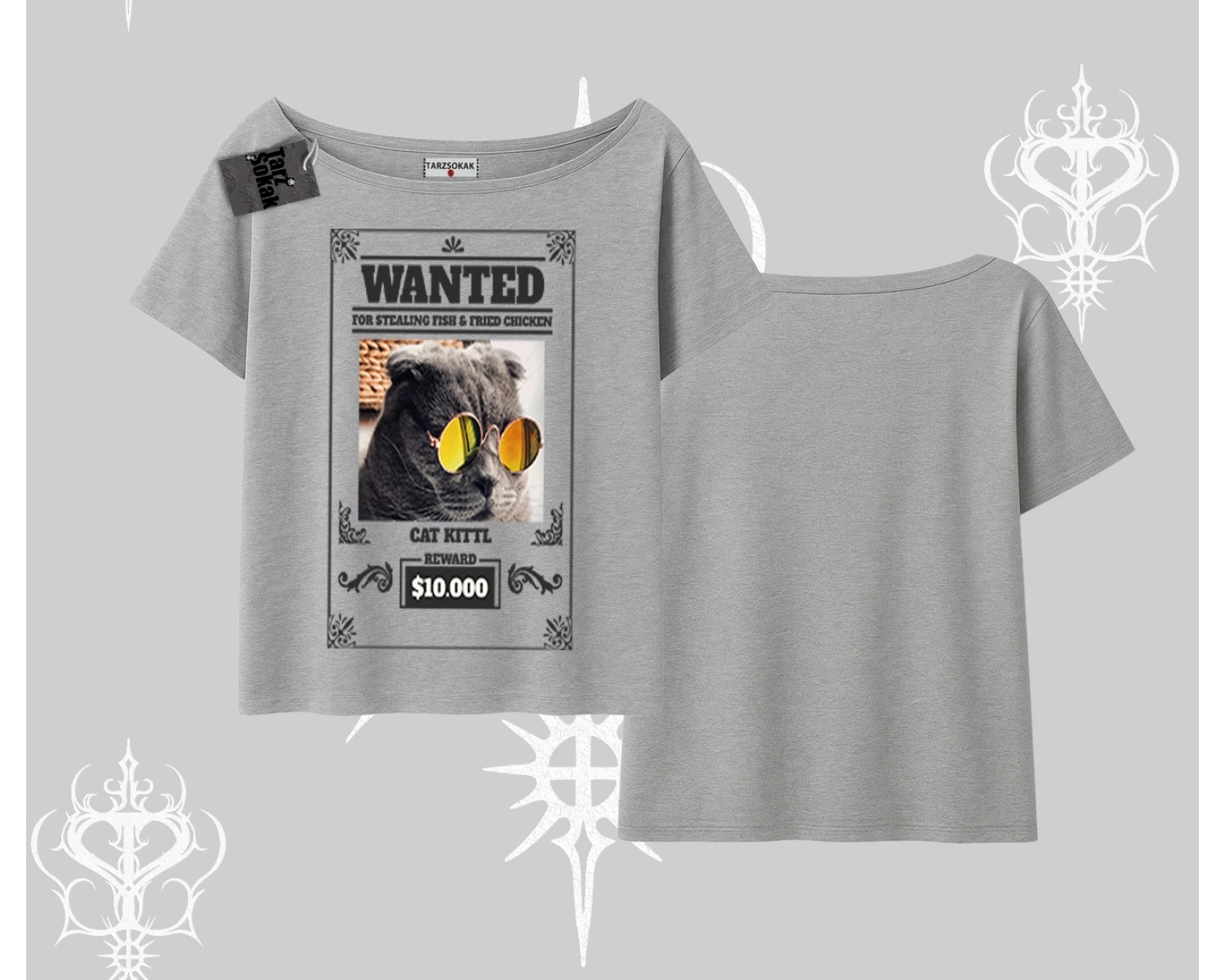 Wanted Temalı Kedi Baskılı Kayık Yaka Tshirt