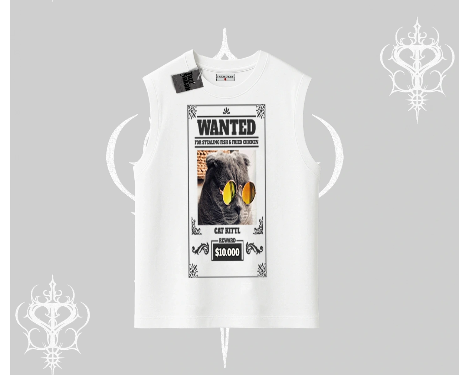 Wanted Temalı Kedi Baskılı Kolsuz Tshirt